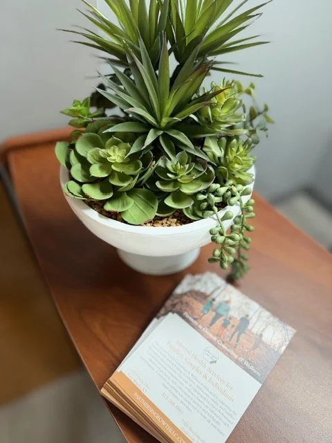 A white pot with various green succulents and an agave plant sits on a wooden surface, with a brochure or flyer placed nearby.