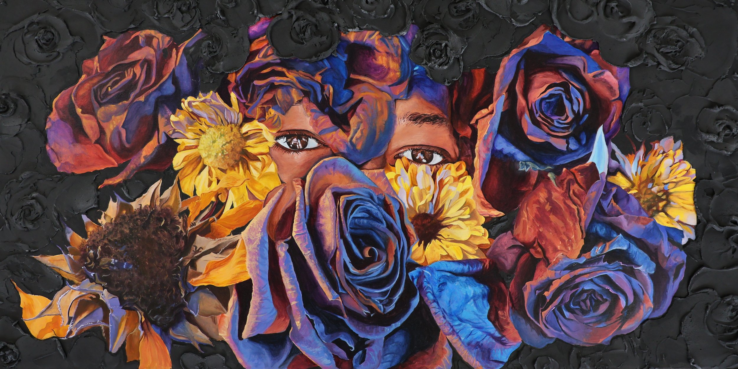 Cracks in the Flowers: Original Acrylic Painting & Faux Clay Sculpture on Wood