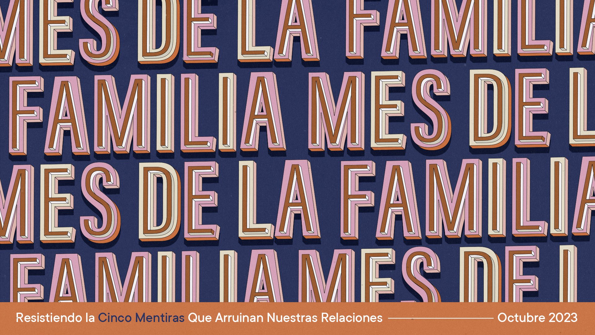 Text in pink and orange 3D letters repeating 'LA FAMILIA' against a dark background, with a red banner at the bottom containing Spanish text and a date.