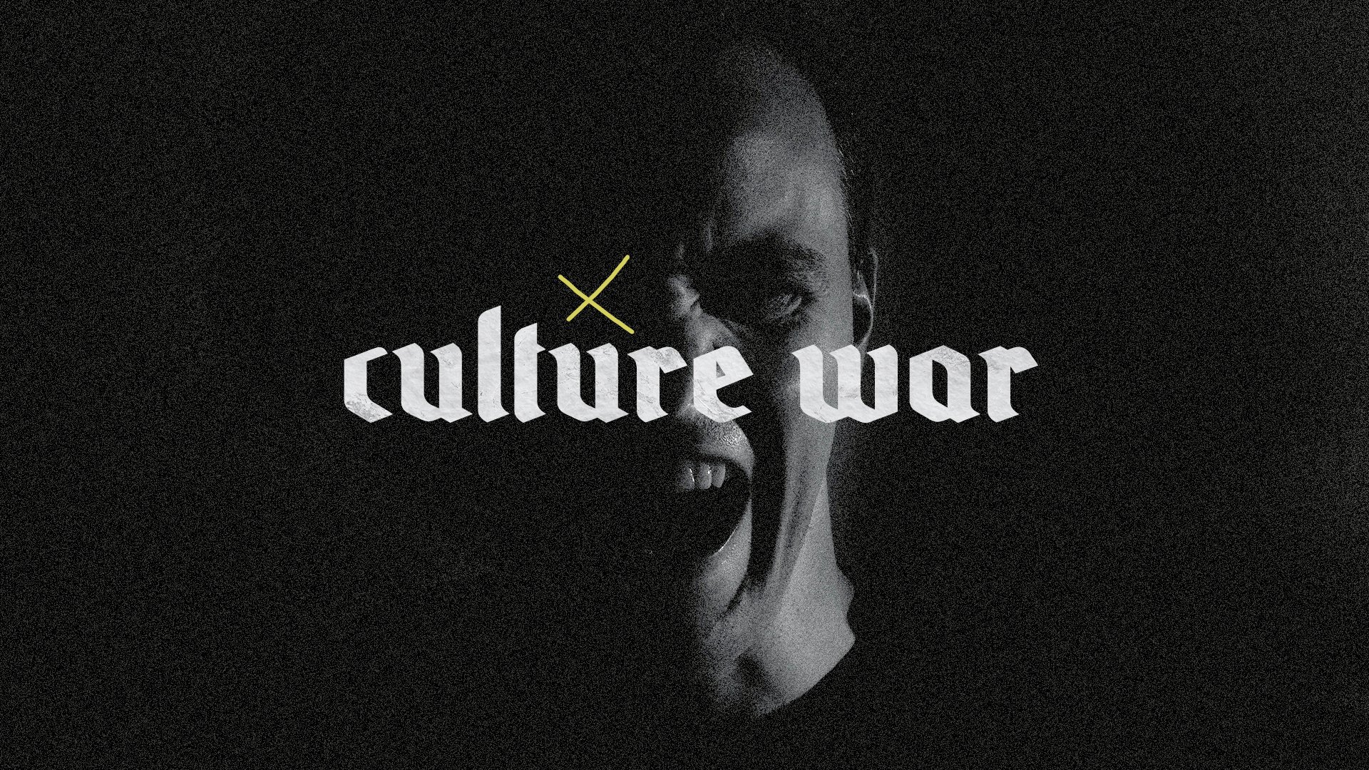 Black and white close-up image of a person's face with expressions of shouting or yelling, partially illuminated with a dark background. The words 'culture war' are superimposed in bold white font across the face with a small yellow cross above the t