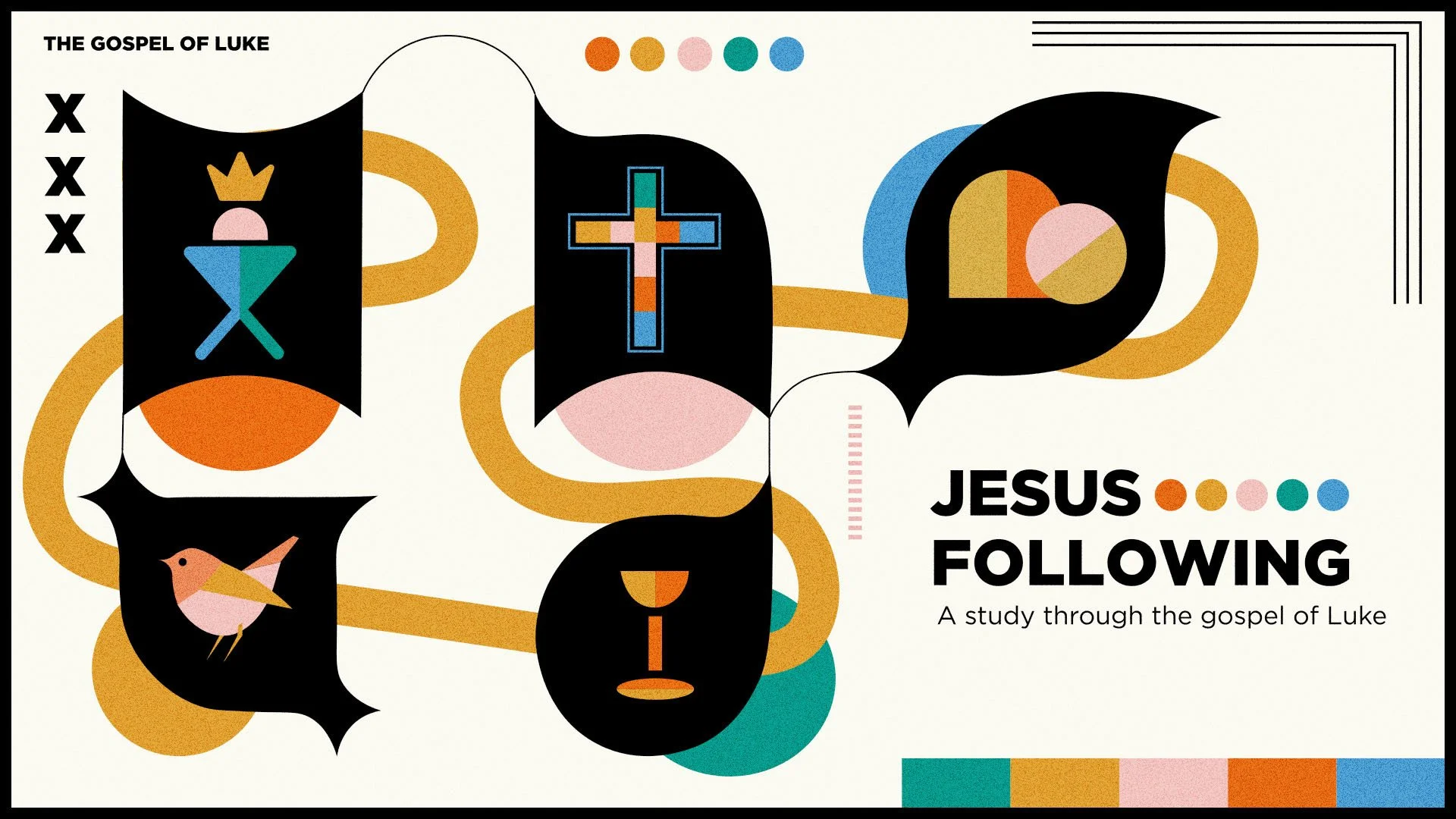 Colorful graphic design featuring religious symbols such as a cross, a chalice, and a dove, with text that reads 'The Gospel of Luke' and 'Jesus Following'. There are decorative elements including connected swirling lines, a bird, and colored dots.