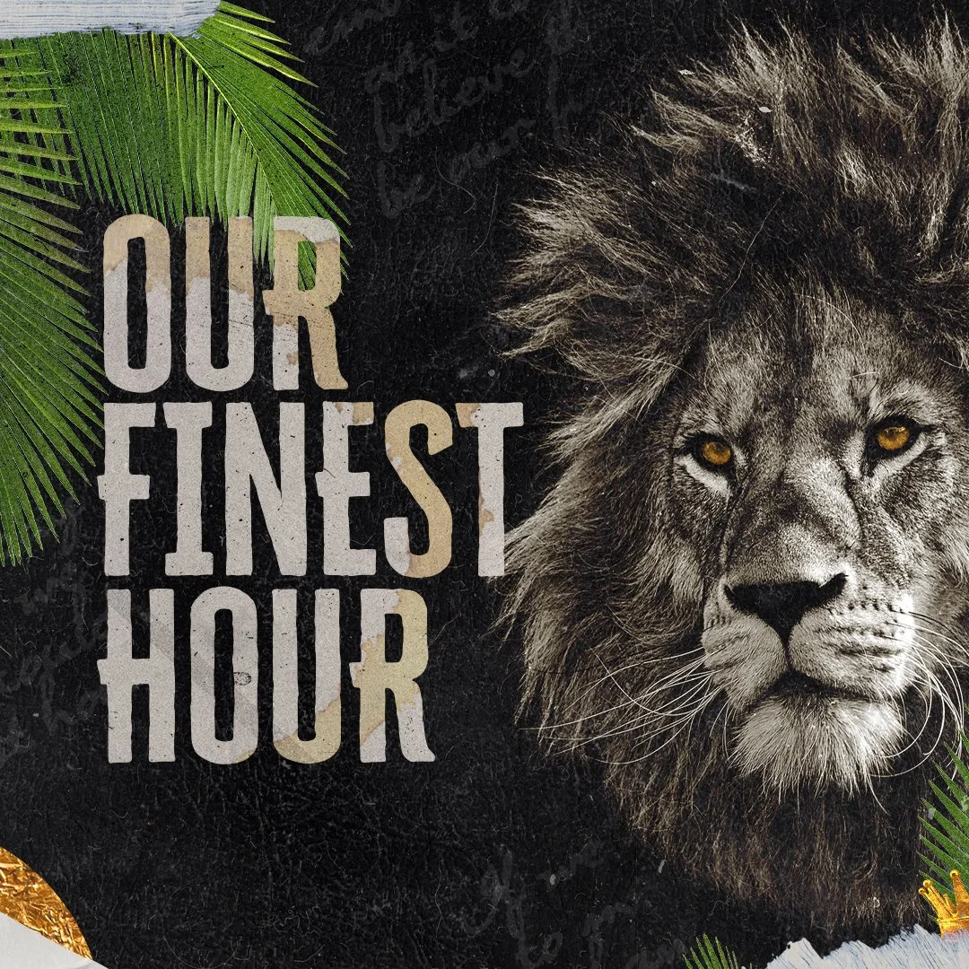 A close-up of a lion's face with a dark background and green palm leaves, alongside the text 'Our Finest Hour' in bold letters.