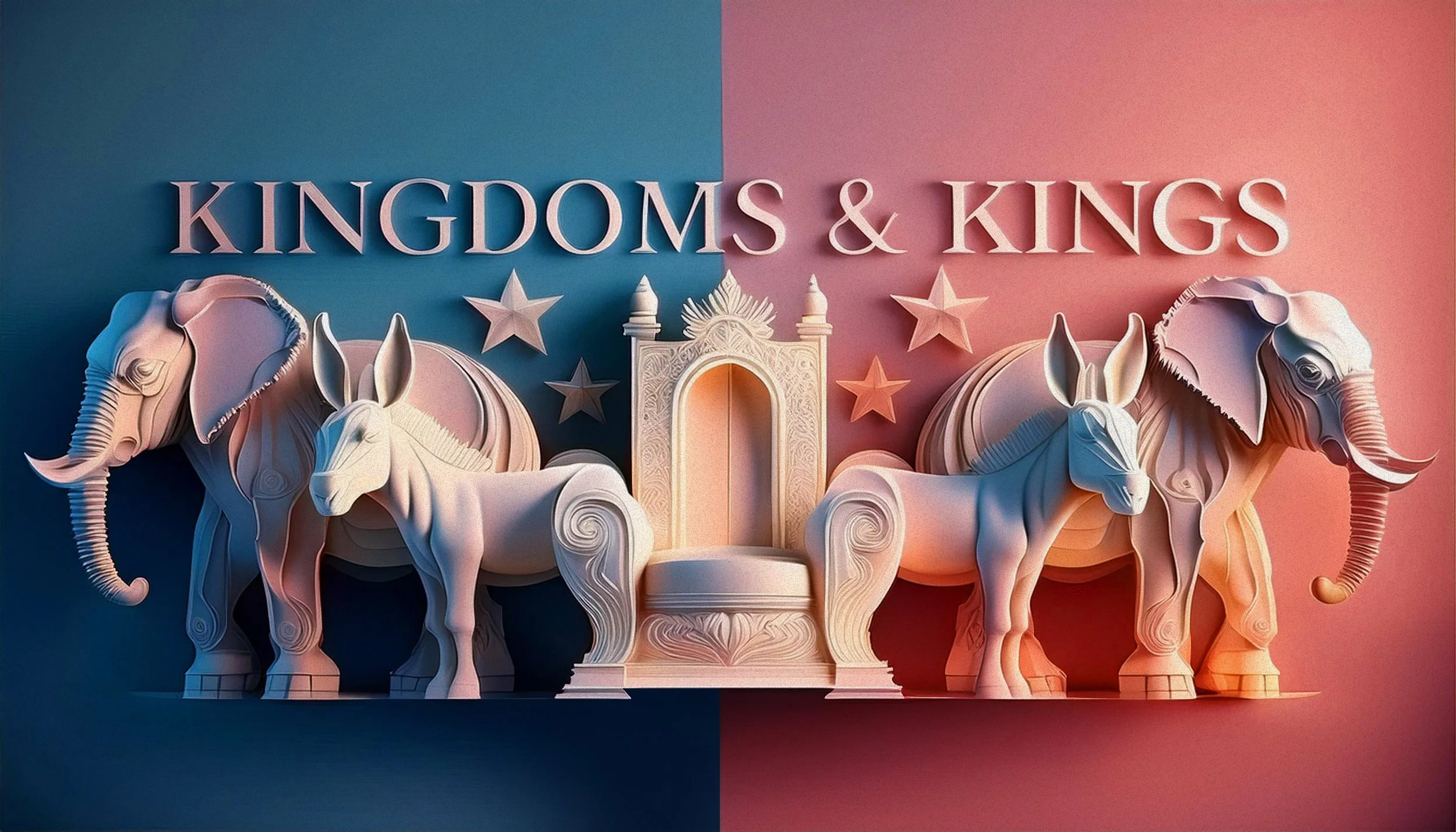Digital 3D rendering of a throne with two elephants and two zebras on each side, background split into blue and pink, with stars and the text 'Kingdoms & Kings' above the throne.
