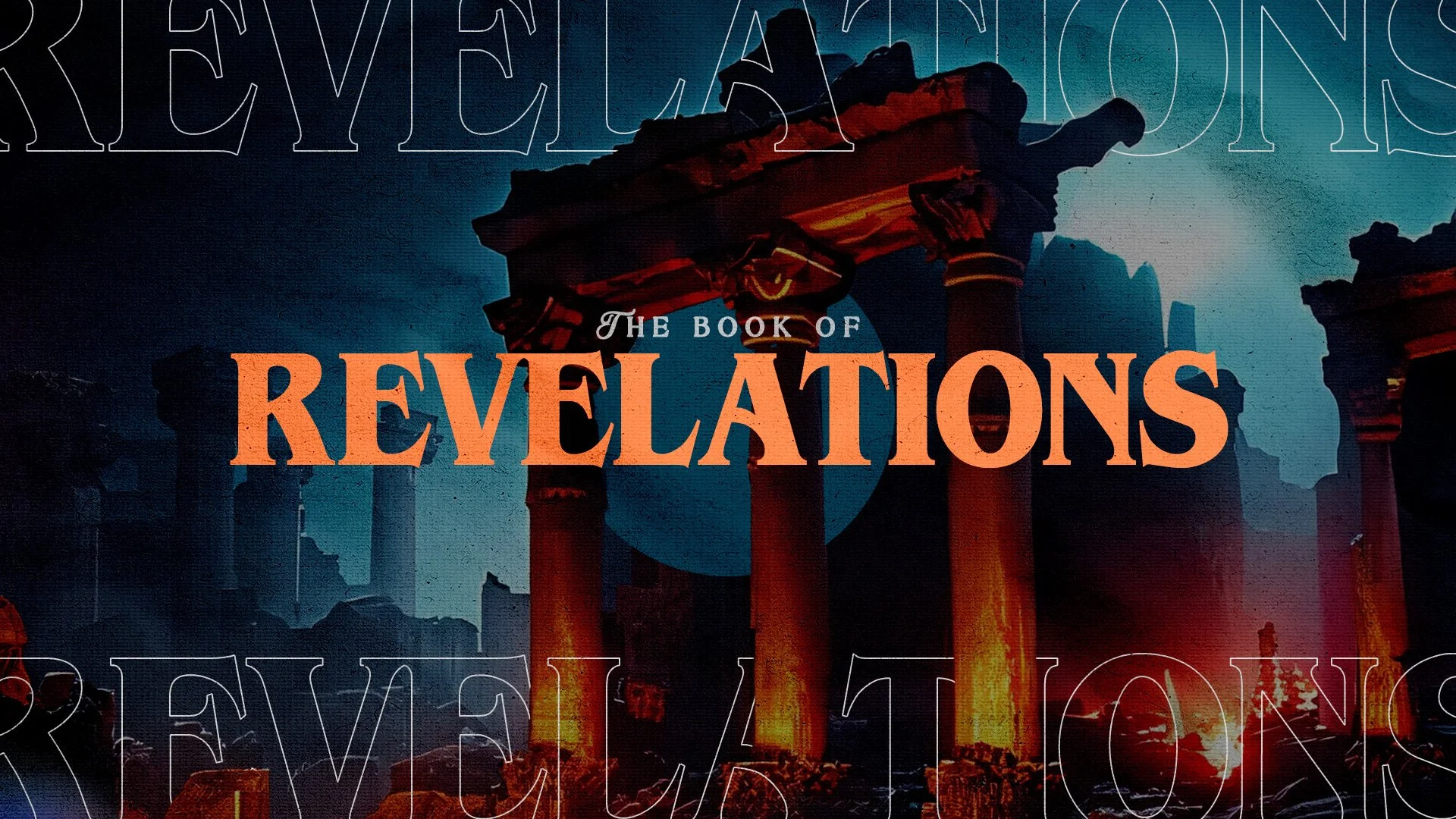 Ancient ruins with partially standing columns illuminated by a reddish glow, set against a cloudy sky at dusk.