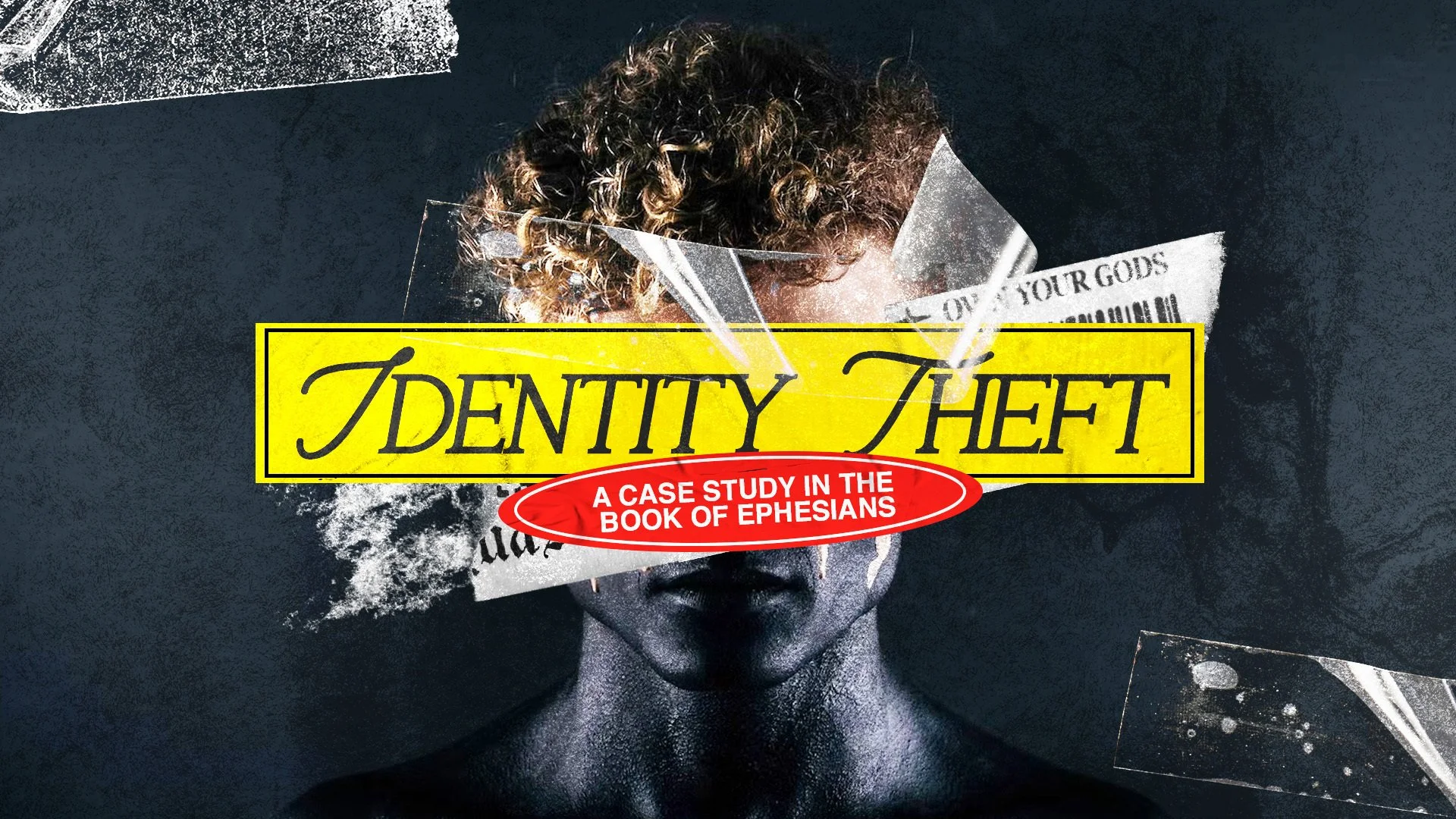 A cover image titled 'Identity Theft' with the subtitle 'A Case Study in the Book of Ephesians', featuring a person's face partially obscured by torn paper and text, with a dark background.