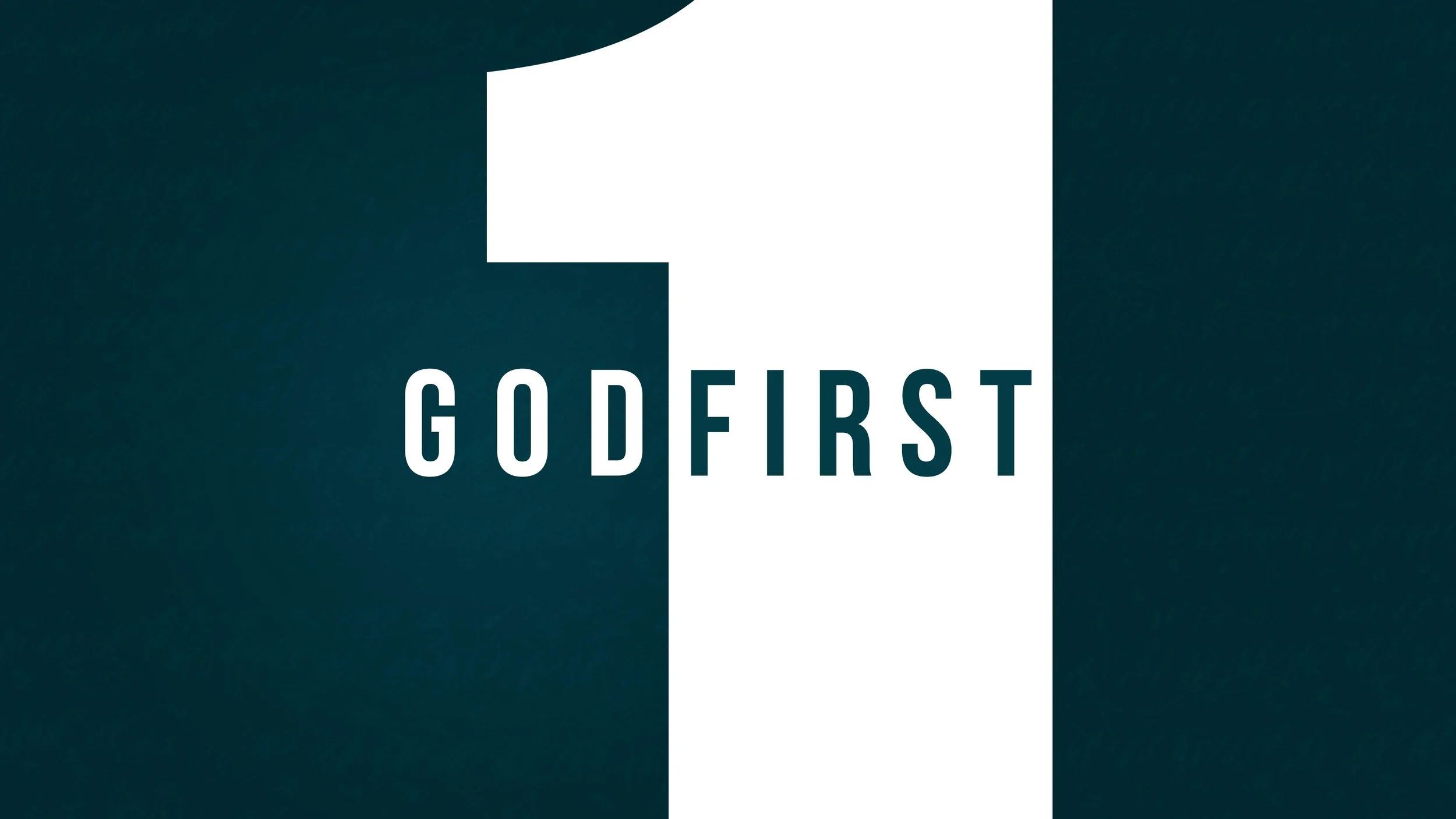 Text in the center reads 'GODFIRST' with a background split into dark teal on the sides and white in the middle.