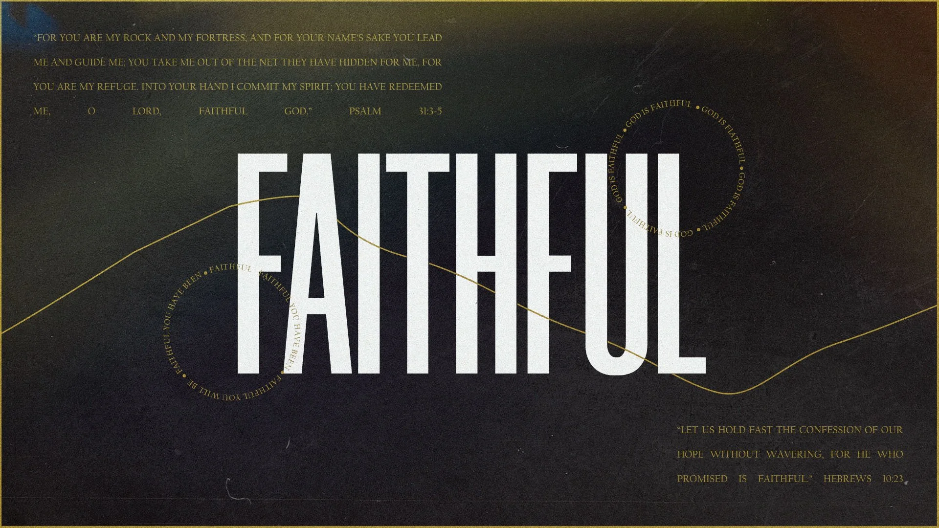 Text from a religious quote on a dark background with the word 'FAITHFUL' in large white letters, decorative gold circular patterns with repeated words 'GOD IS FAITHFUL', and additional smaller text including a Bible quote from Hebrews 10:23.