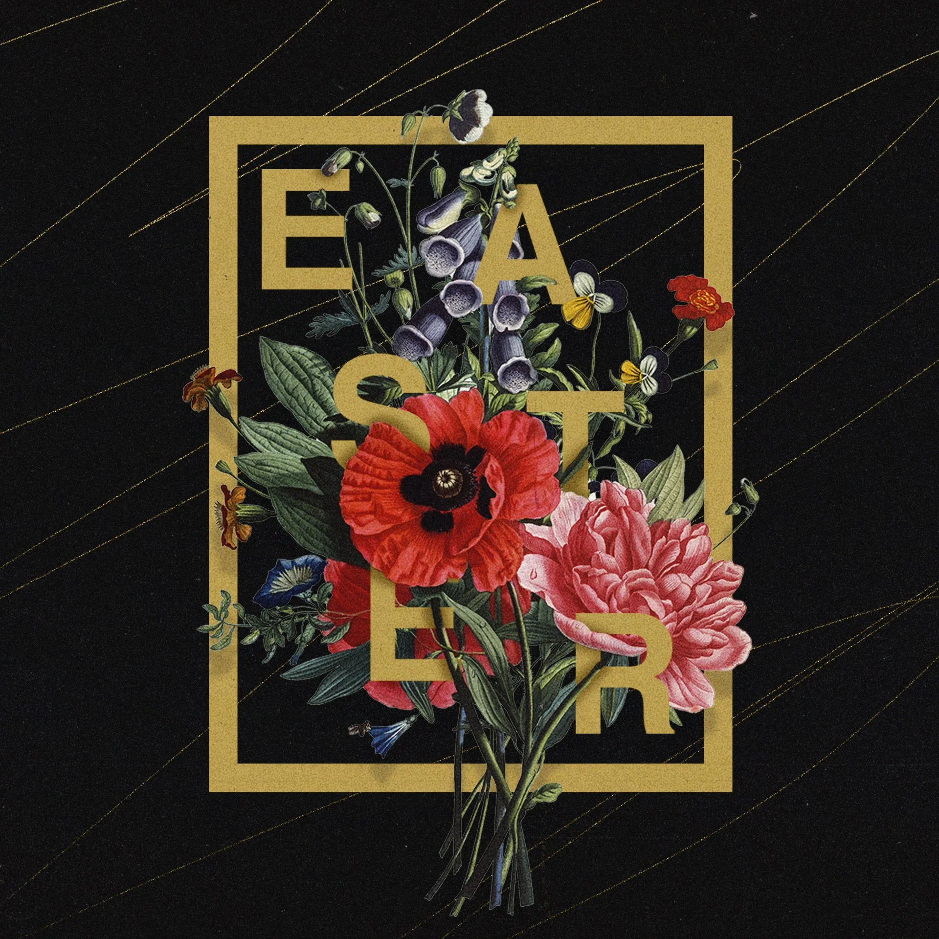 A black background with gold diagonal lines and the words "EAST END" overlaid in gold and partially behind a bouquet of colorful flowers, including red poppies, pink peonies, bluebells, and yellow-and-black butterflies.
