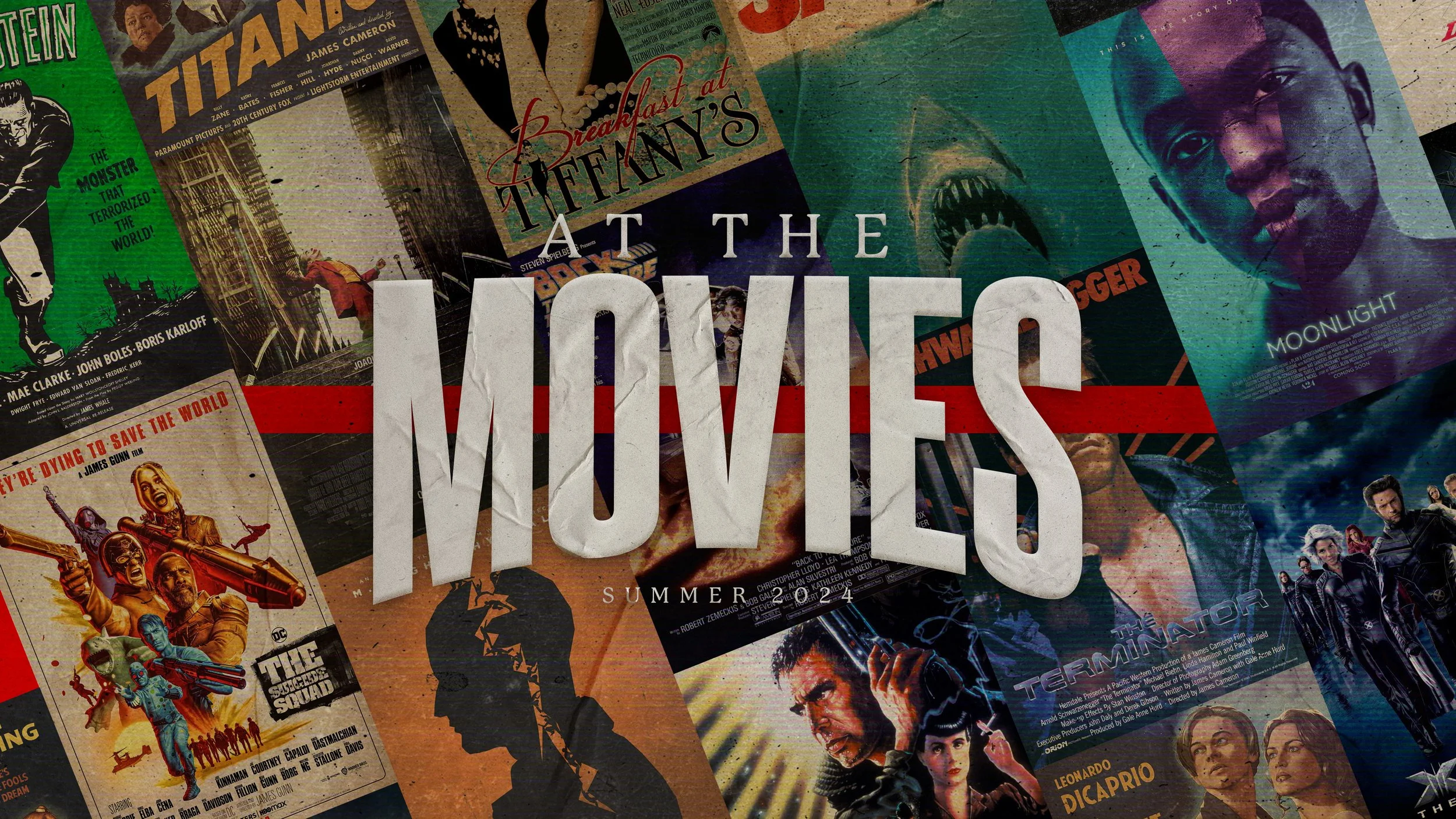 Collage of movie posters, including "Titanic," "The Terminator," and "The Suicide Squad," with large white text "MOVIES" overlaid in the center.