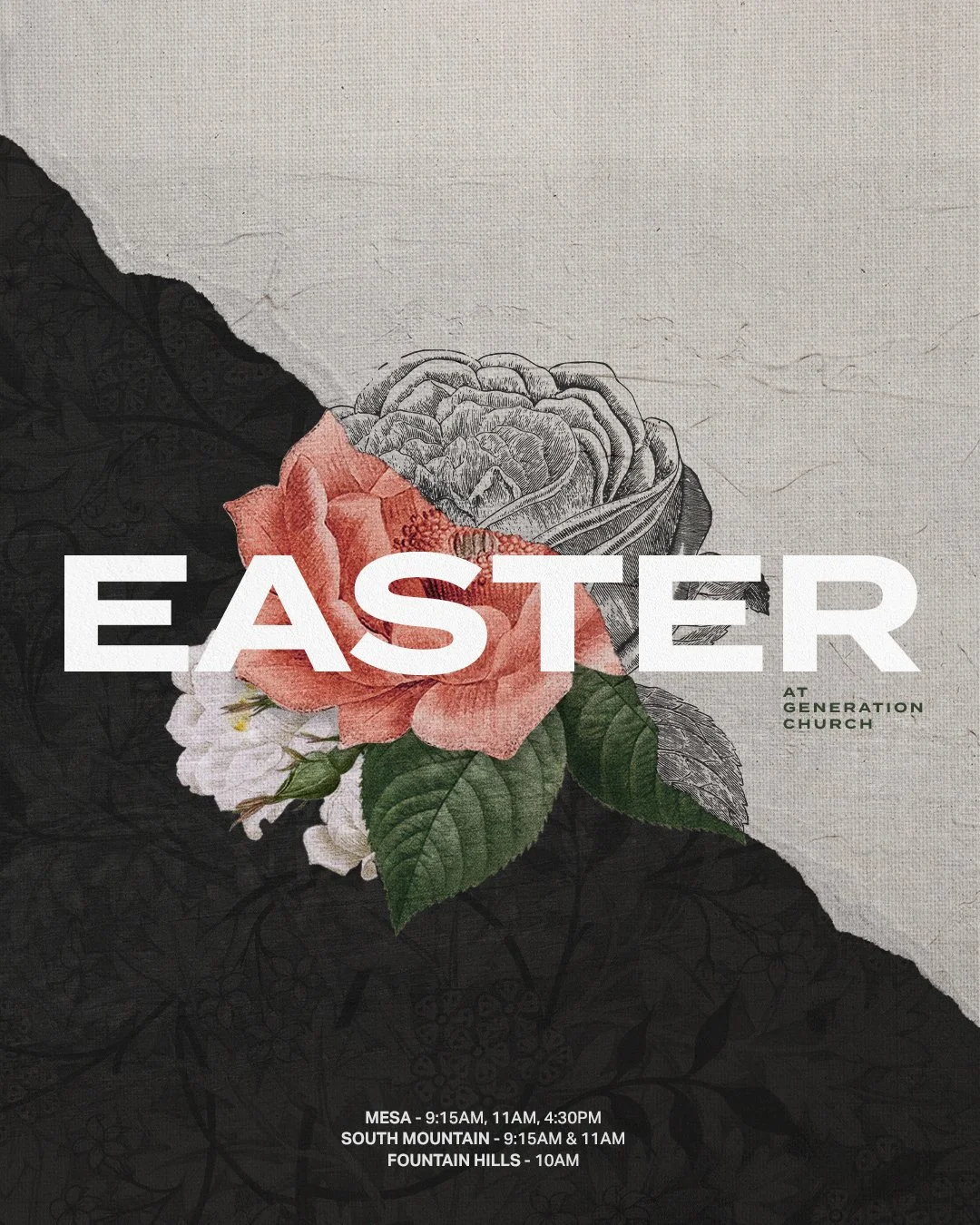 Easter event poster with a background split diagonally, black on the bottom left and beige on the top right, featuring a floral illustration with pink, white, and gray flowers and green leaves. The word 'EASTER' is prominently displayed in large whit