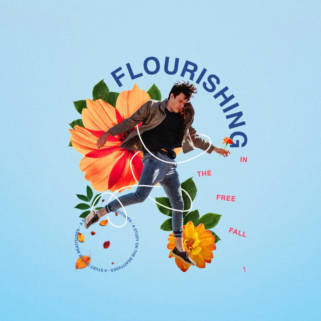 A young man in casual clothing appears to be jumping or floating with large orange flowers and green leaves around him, with text overlay reading "Flourishing in the Free Fall."