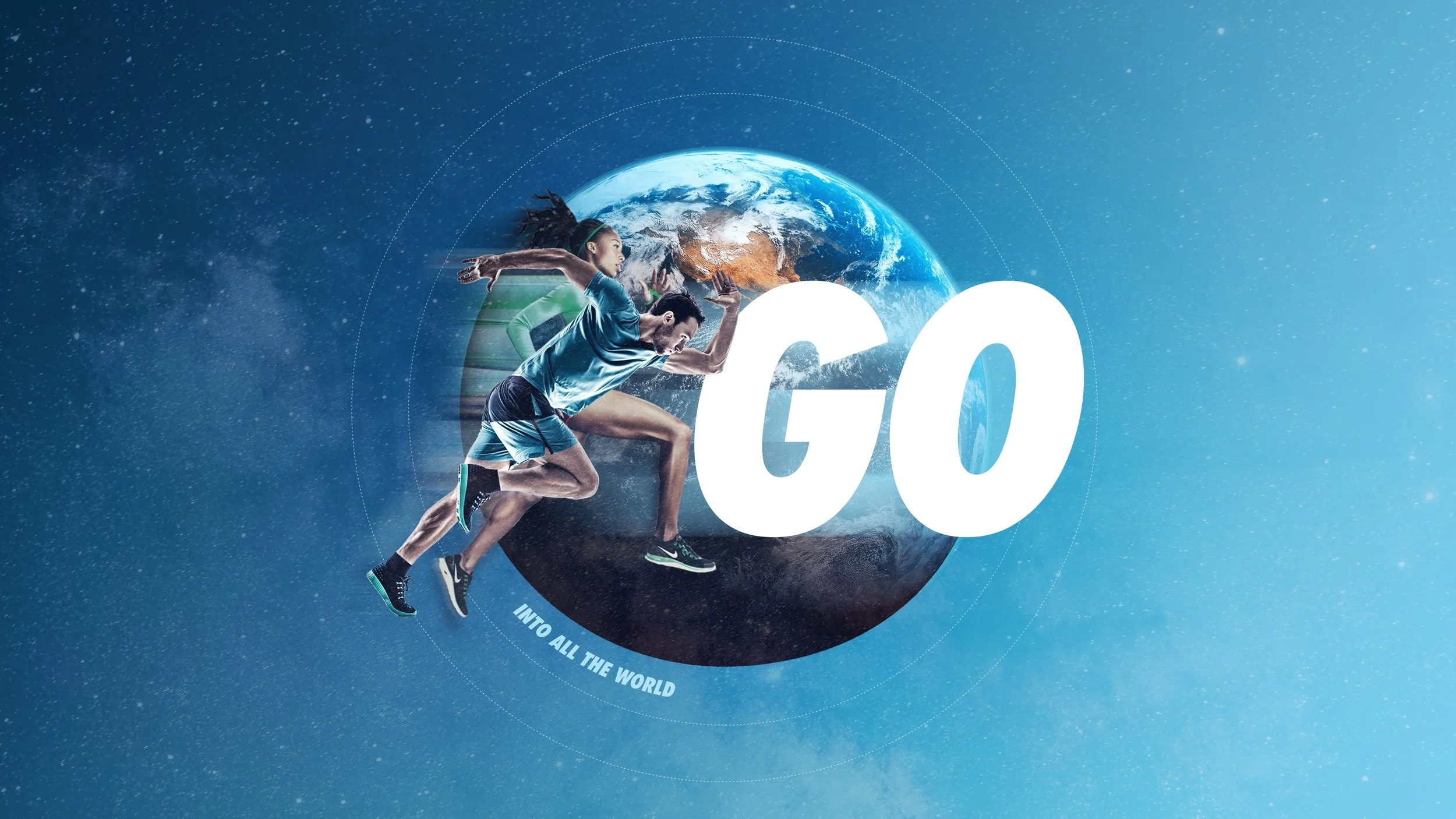 A digital graphic of two runners, a man and a woman, running in front of Earth, with the word 'GO' in large white letters and the phrase 'into all the world' underneath, set against a starry space background.