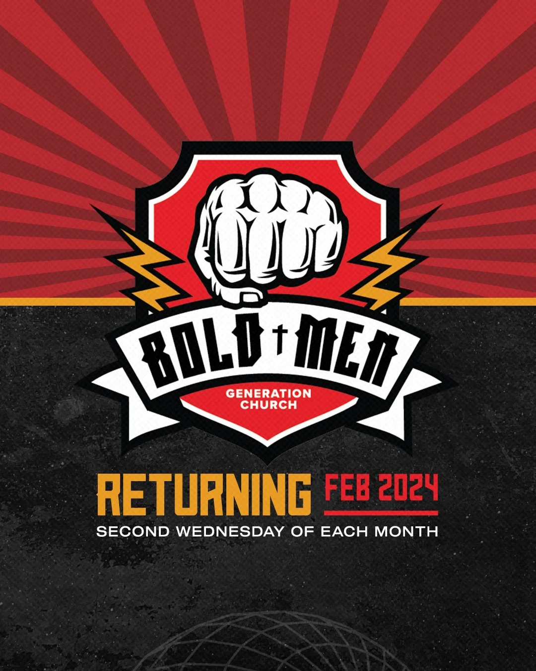 Poster for Bold + Men Generation Church, announcing their return in February 2024, with meetings on the second Wednesday of each month. Features a clenched fist and lightning bolts in red, black, and yellow colors.