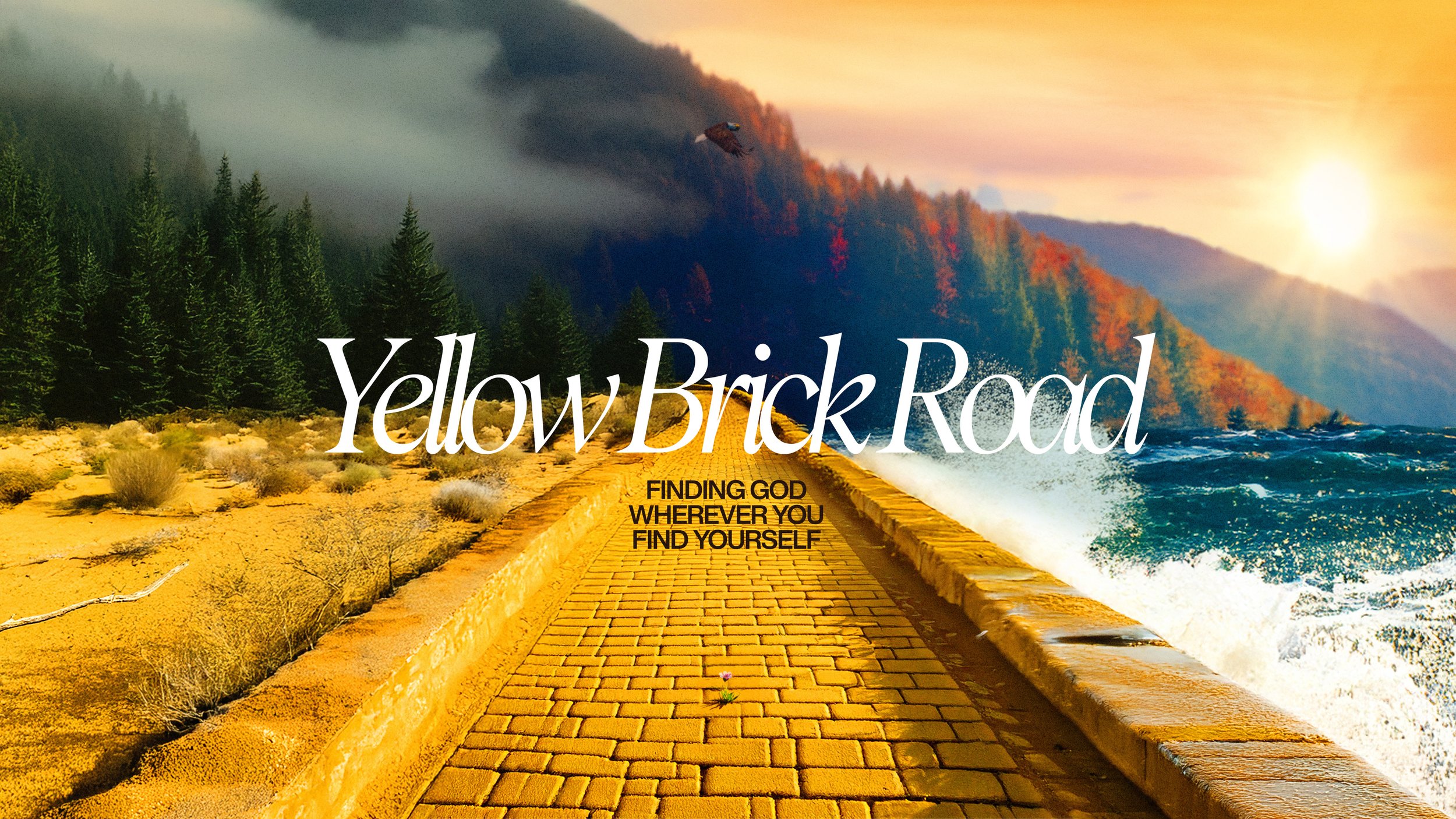Sunset over a coastal road with trees on one side and the ocean on the other, with large waves crashing on the rocks and smoke rising from a fire on the mountain in the background, and a bird flying in the sky. The text overlays say 'Yellow Brick Roa