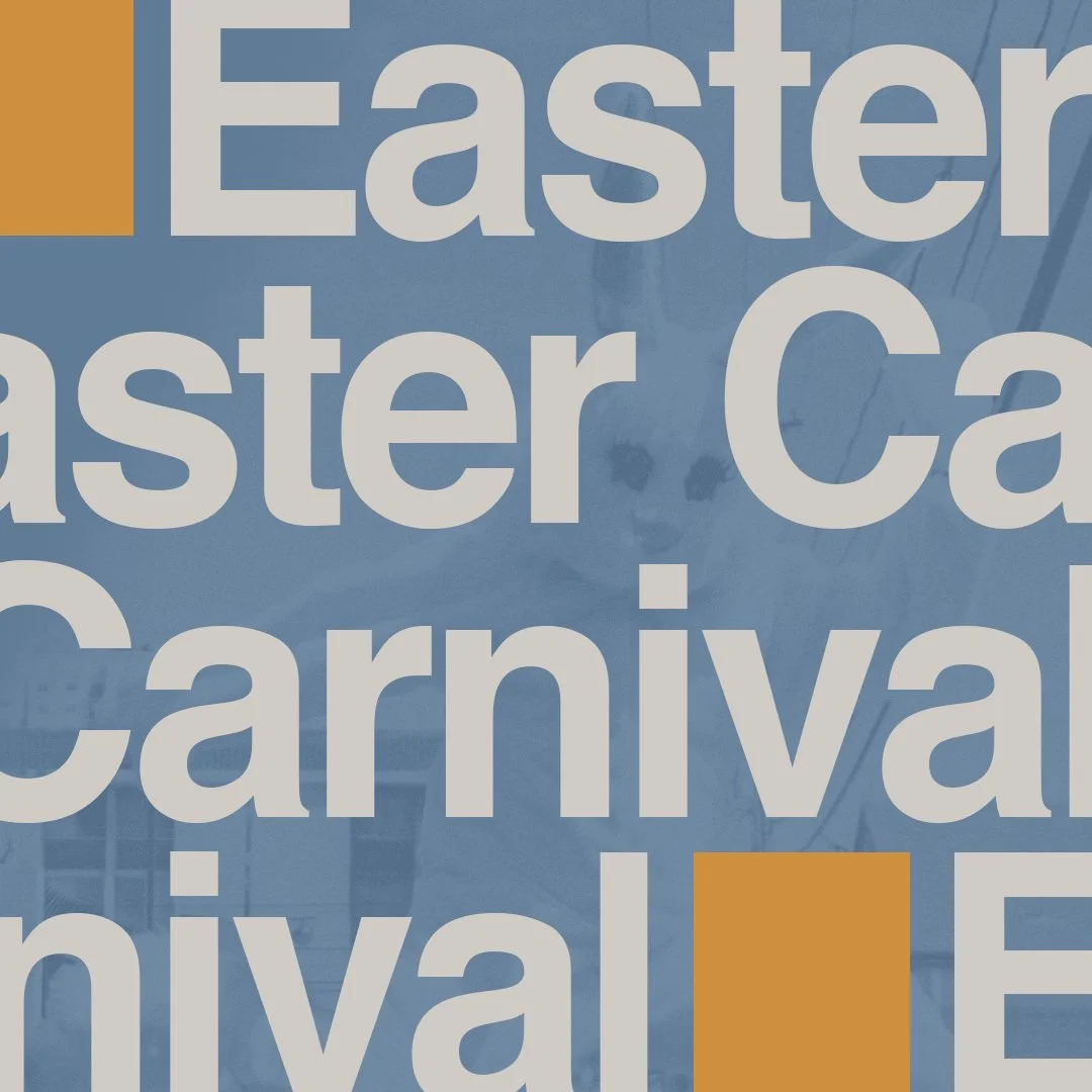 Close-up of a sign announcing Easter events, including an Easter Car Carnival, with large white text and orange accents.