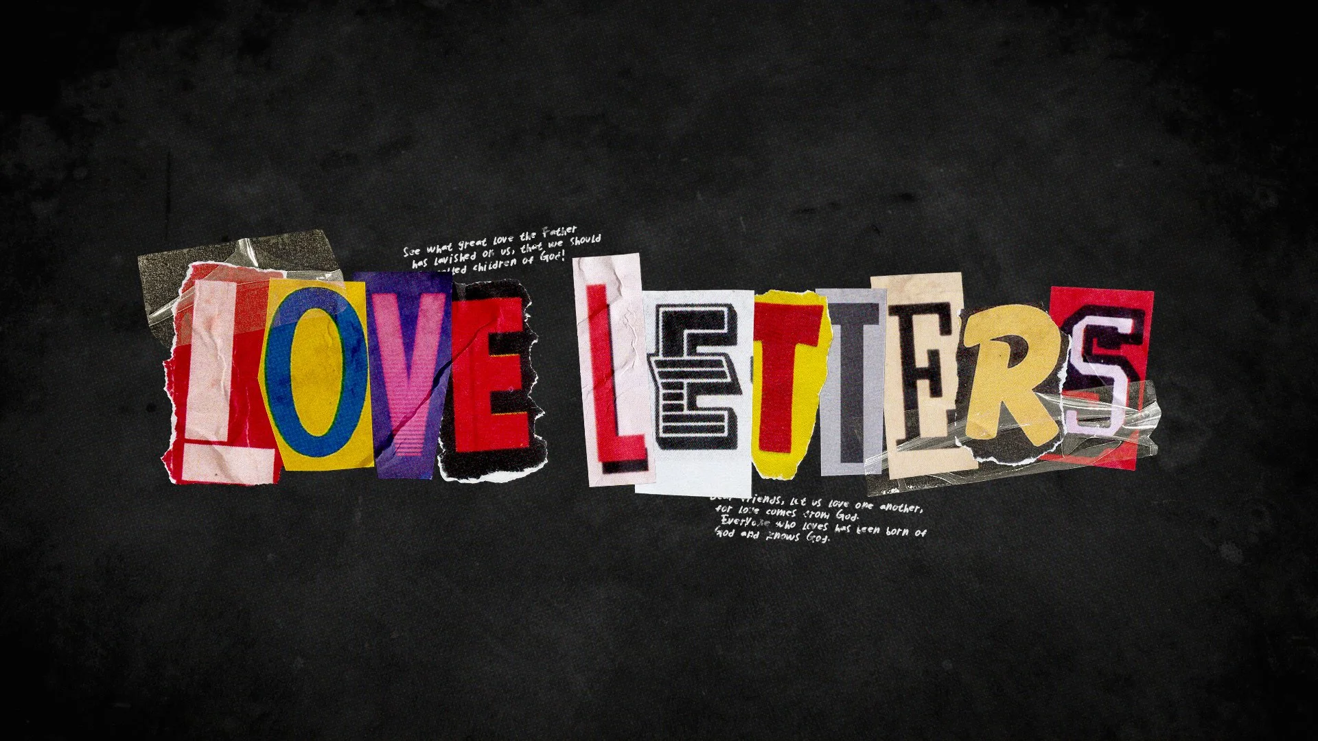 Letters spelling 'LOVE OTHER', each made from torn and layered magazine and newspaper clippings, arranged on a dark surface.