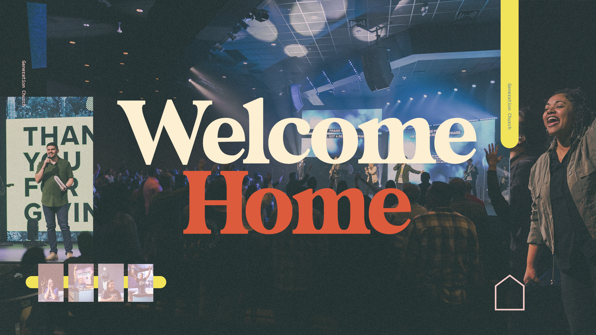 A church or concert hall with a stage, a large audience, musicians, and speakers. The text 'Welcome Home' is prominently displayed over the scene.