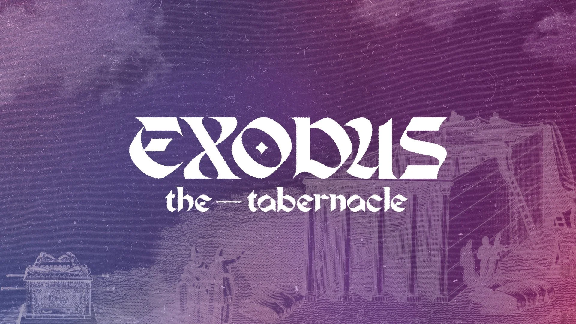 The logo for ExEOS the tabernacle, with a purple and pink gradient background featuring illustrations of architectural and religious scenes.