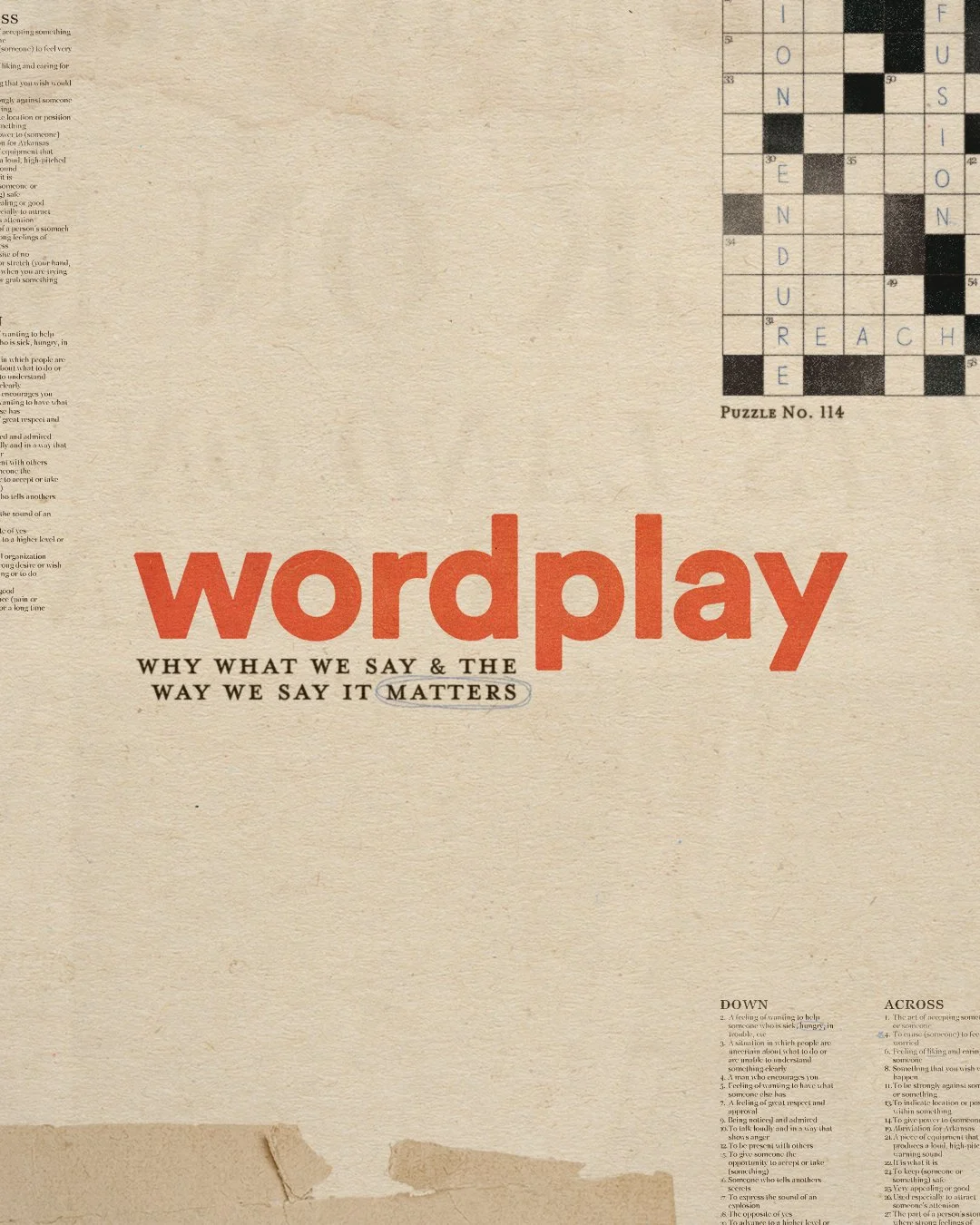 A vintage-style book cover for Wordplay, with a crossword puzzle in the top right corner and the title 'wordplay' in bold orange letters. Subtitle reads 'Why what we say & the way we say it matters,' and there are definitions at the bottom.