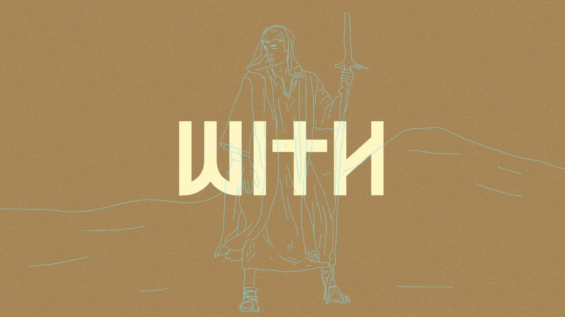 Minimalist illustration of a woman holding a sword standing in front of the word 'WHY' on a brown background.