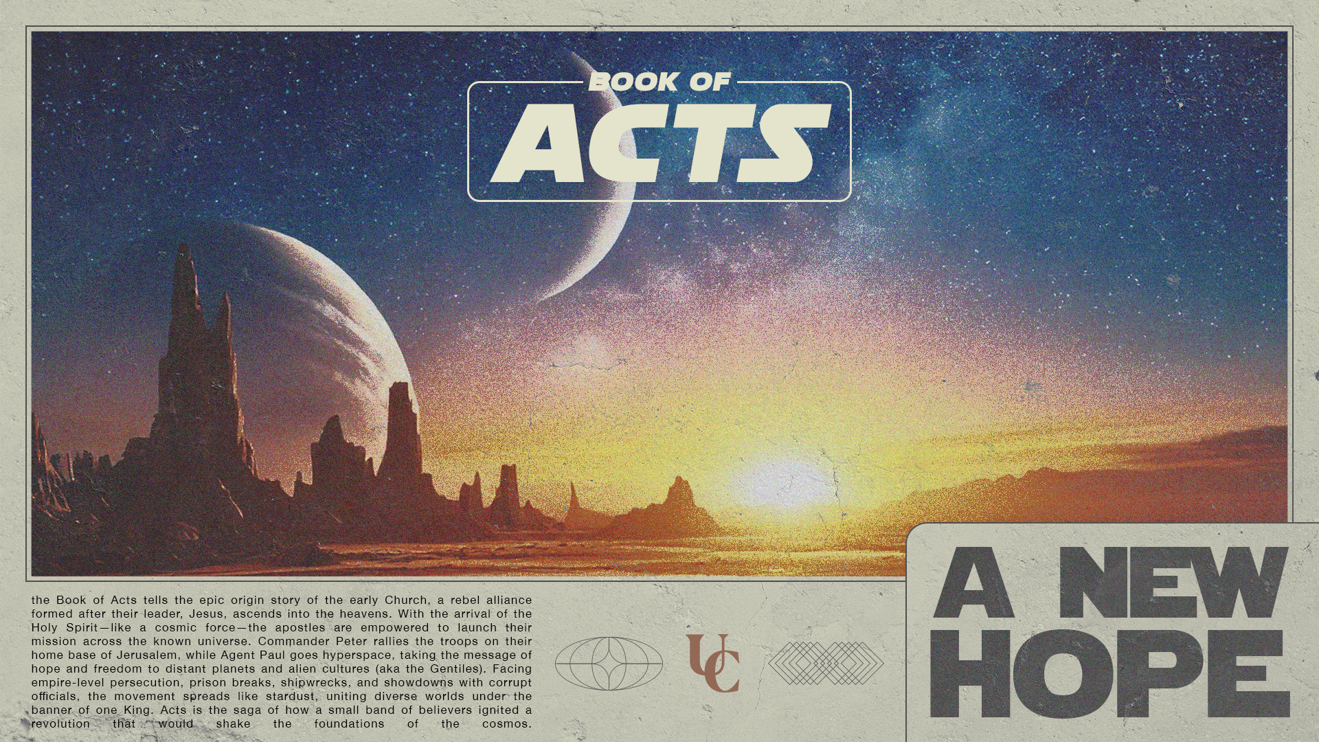 The image depicts a science fiction-inspired landscape with a starry sky, multiple planets, and towering rock formations at sunset or sunrise. There is a large planet with rings in the background, and the text on the image reads 'Book of Acts' and 'A