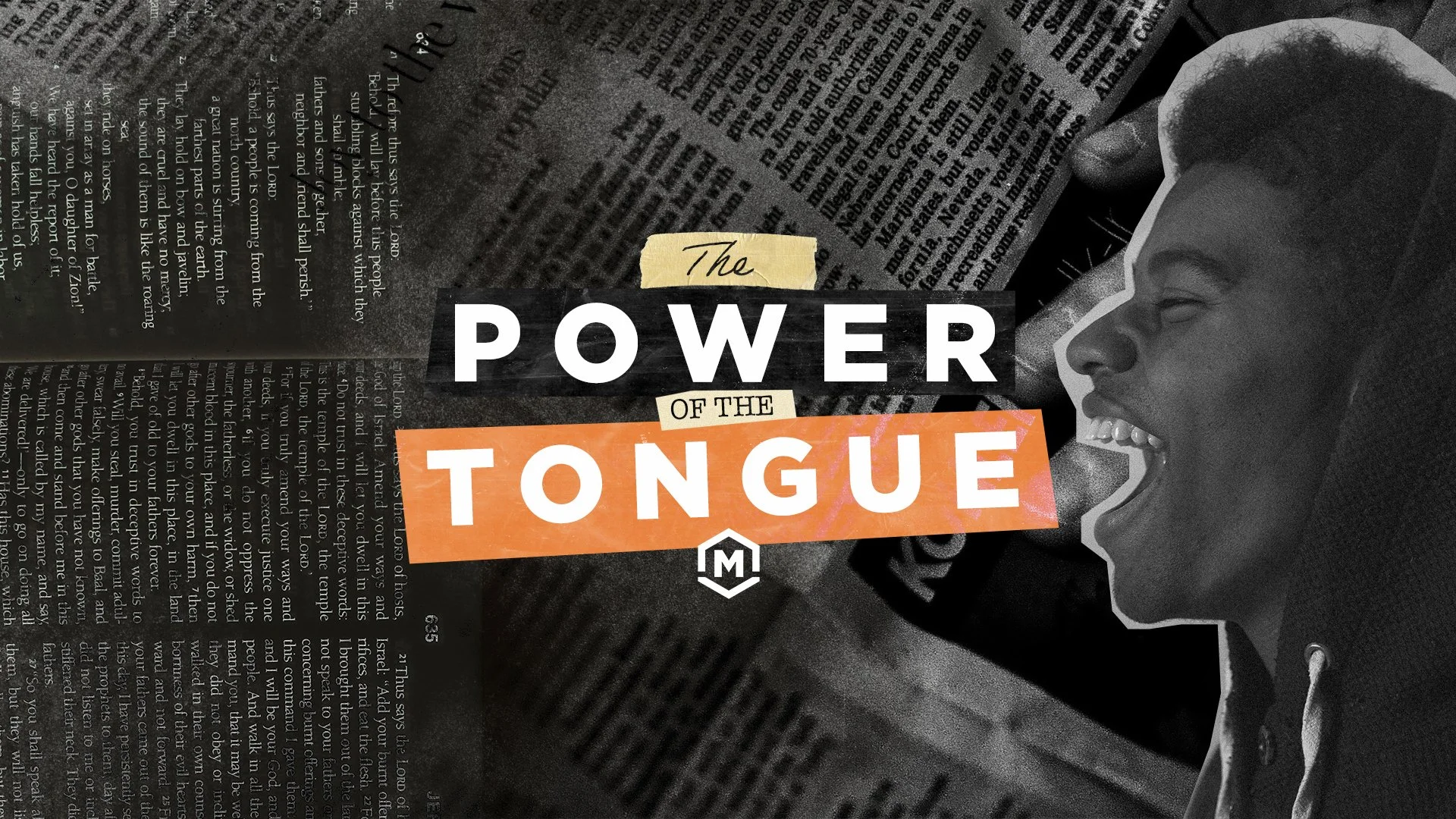 A book cover titled "The Power of the Tongue" features a black-and-white side profile of a woman shouting with her mouth wide open, overlaid on a background of newspaper clippings.
