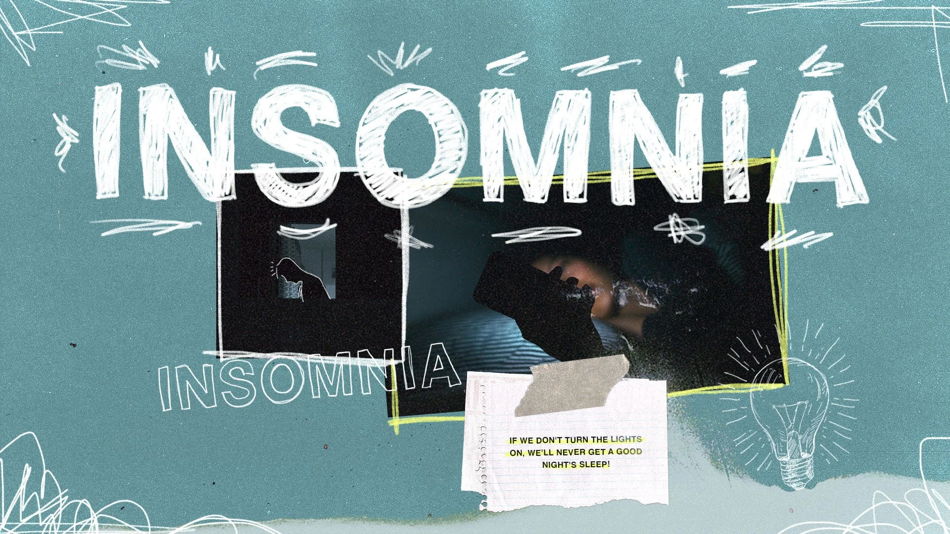A collage with the word INSOMNIA in large white letters at the top, a silhouette of a person looking out a window on the left, an eye with a cloudy sky reflection in the center, a hand holding a smartphone on the right, a light bulb drawing at the bo