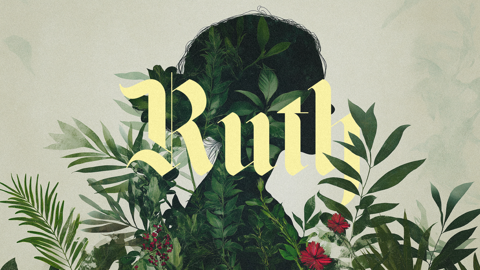 Silhouette of a woman’s head and shoulders constructed from green leaves and plants, with the word 'Rush' overlayed in large, yellow, gothic-style font. The background is a neutral light green.