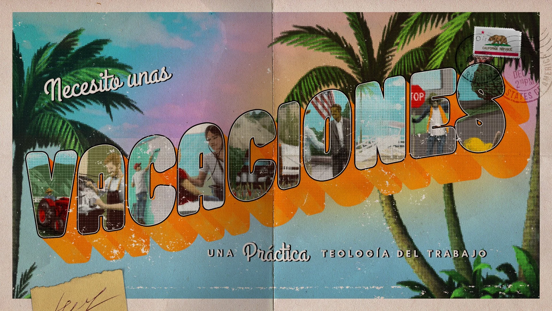 A colorful book cover with palm trees, a beach scene, and various travel-themed images inside the large text 'VACACIONES 2023'. The subtitle reads 'una Práctica Teología del Trabajo' and the phrase 'Necesito unas' is at the top.