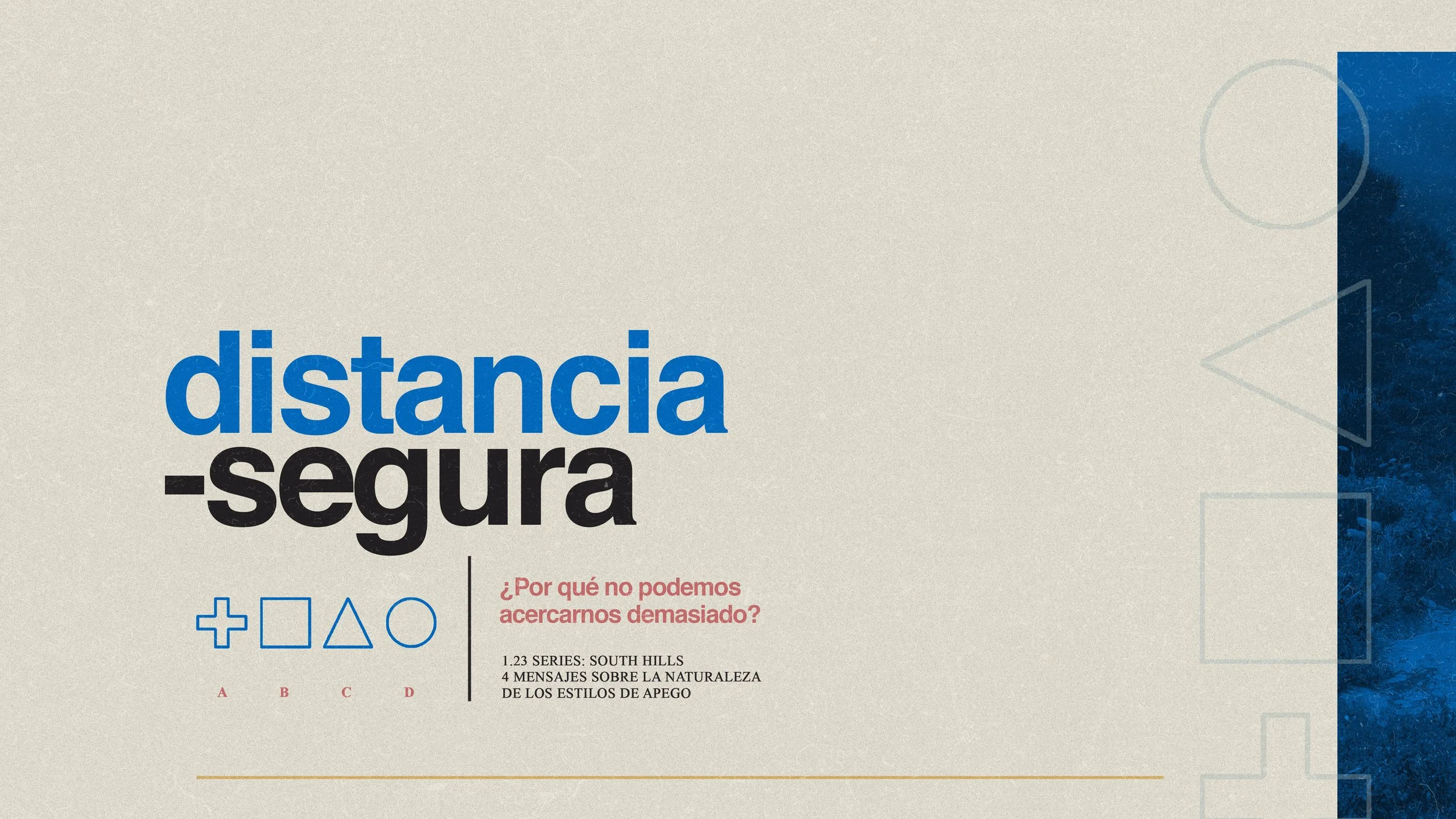Presentation slide with the title 'distancia segura'. Subtitle in Spanish asking '¿Por qué no podemos acercarnos demasiado?' and additional text about series and messages on the naturalness of stance styles. Visual elements include geometric icons wi