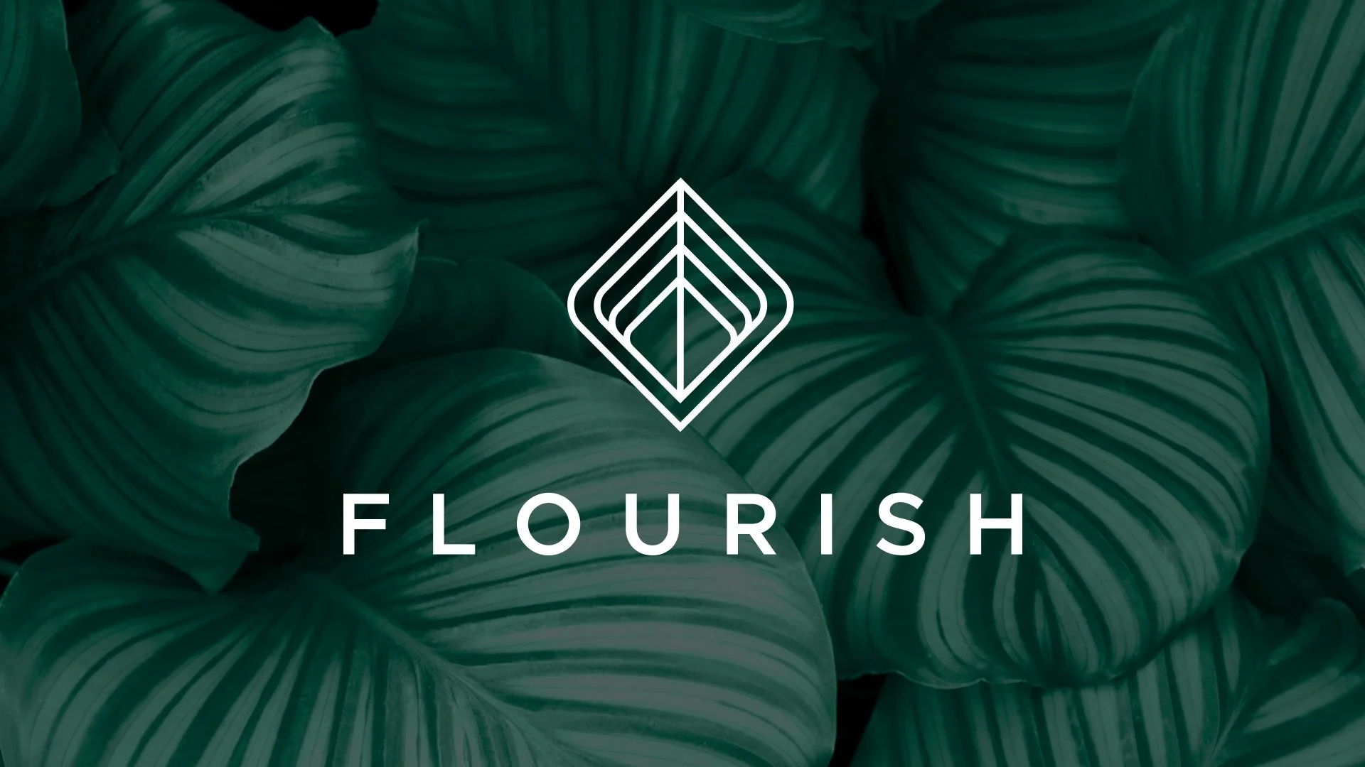 Green tropical leaves with the word 'FLOURISH' and a geometric logo centered.