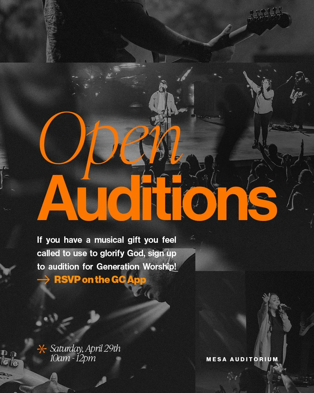 Black and white flyer for open auditions at Mesa Auditorium, featuring images of musicians and singers, with details about the event scheduled for Saturday, April 29th, from 10 am to 12 pm, encouraging those with musical gifts to sign up via the GC A