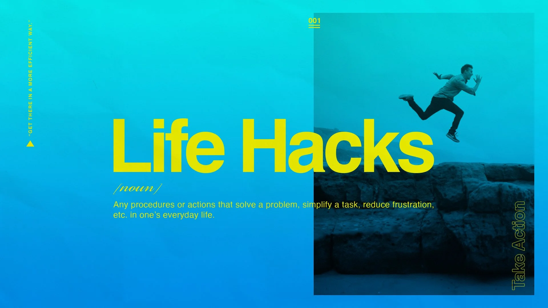 A person jumping off rocks on a beach with a photo overlay that reads 'Life Hacks' and additional text about simplifying tasks in everyday life.