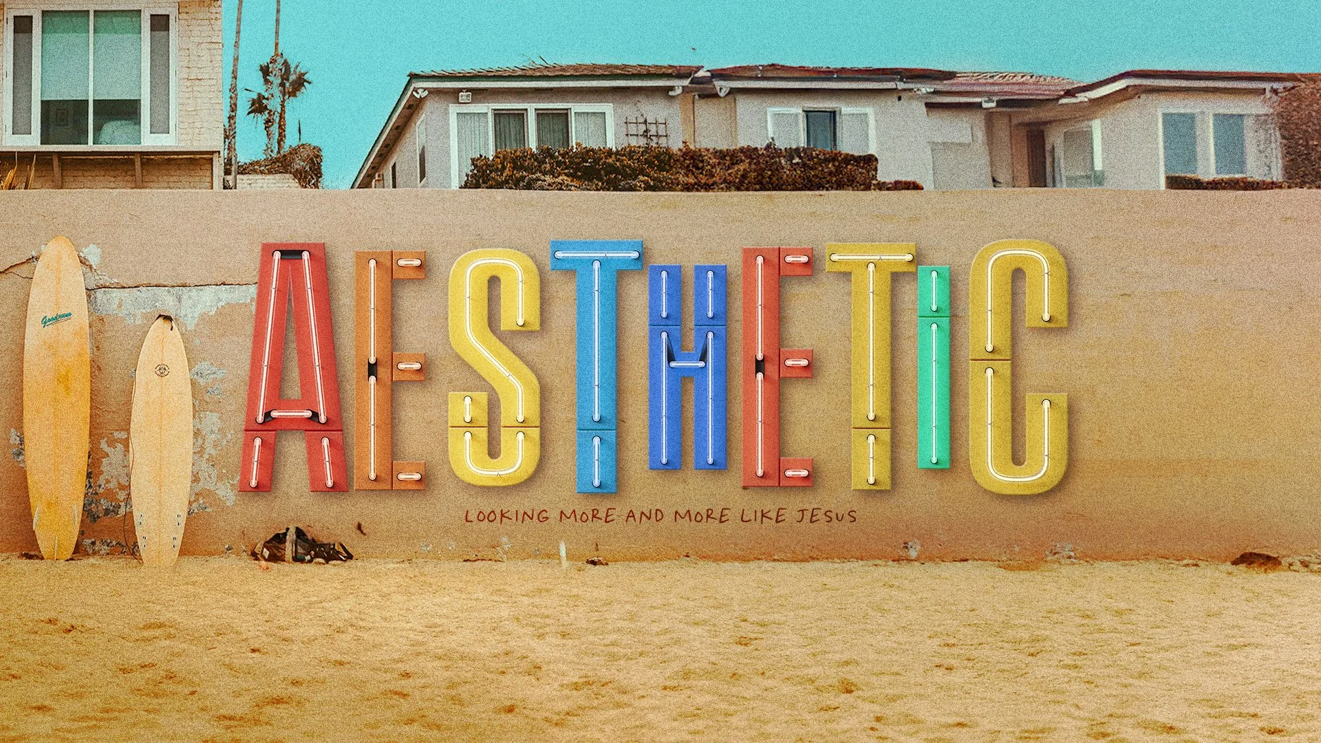 Colorful neon sign spelling 'EASTER' with surfboards leaning against a wall next to it, and small text below that reads 'Looking more and more like Jesus'.