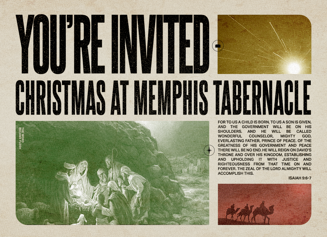 Invitation to Christmas at Memphis Tabernacle featuring a nativity scene, a graphic of a star, and silhouettes of three wise men riding camels.