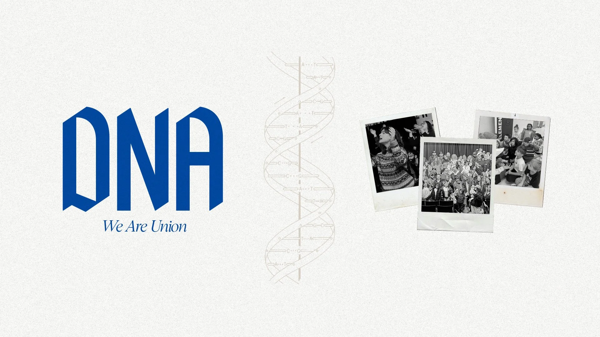 The image features the logo of UNAf with the tagline "We Are Union" underneath, a faint DNA helix graphic in the center, and three Polaroid-style photos on the right depicting groups of people and a woman speaking, all against a light background.