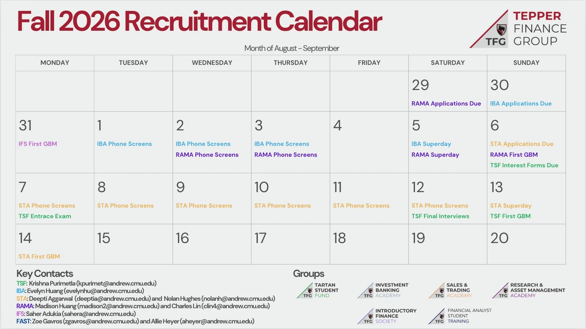 A calendar titled "Fall 2026 Recruitment Calendar" for August through September shows scheduled activities and application deadlines at Tepper Finance Group. The calendar includes application due dates, phone screen appointments, interview dates, and other recruitment events, each color-coded. Contact information for key contacts and their groups is listed at the bottom.