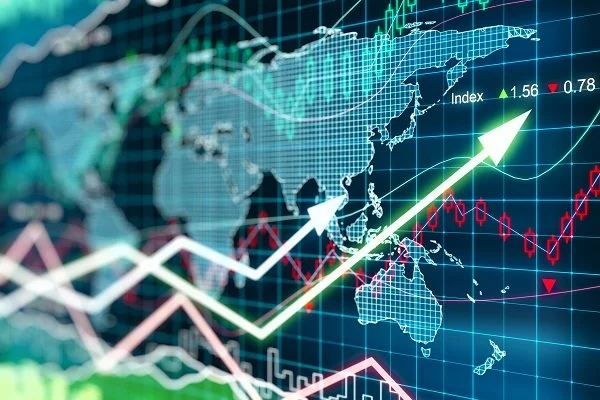 Financial stock market graph showing global map with rising trend lines.