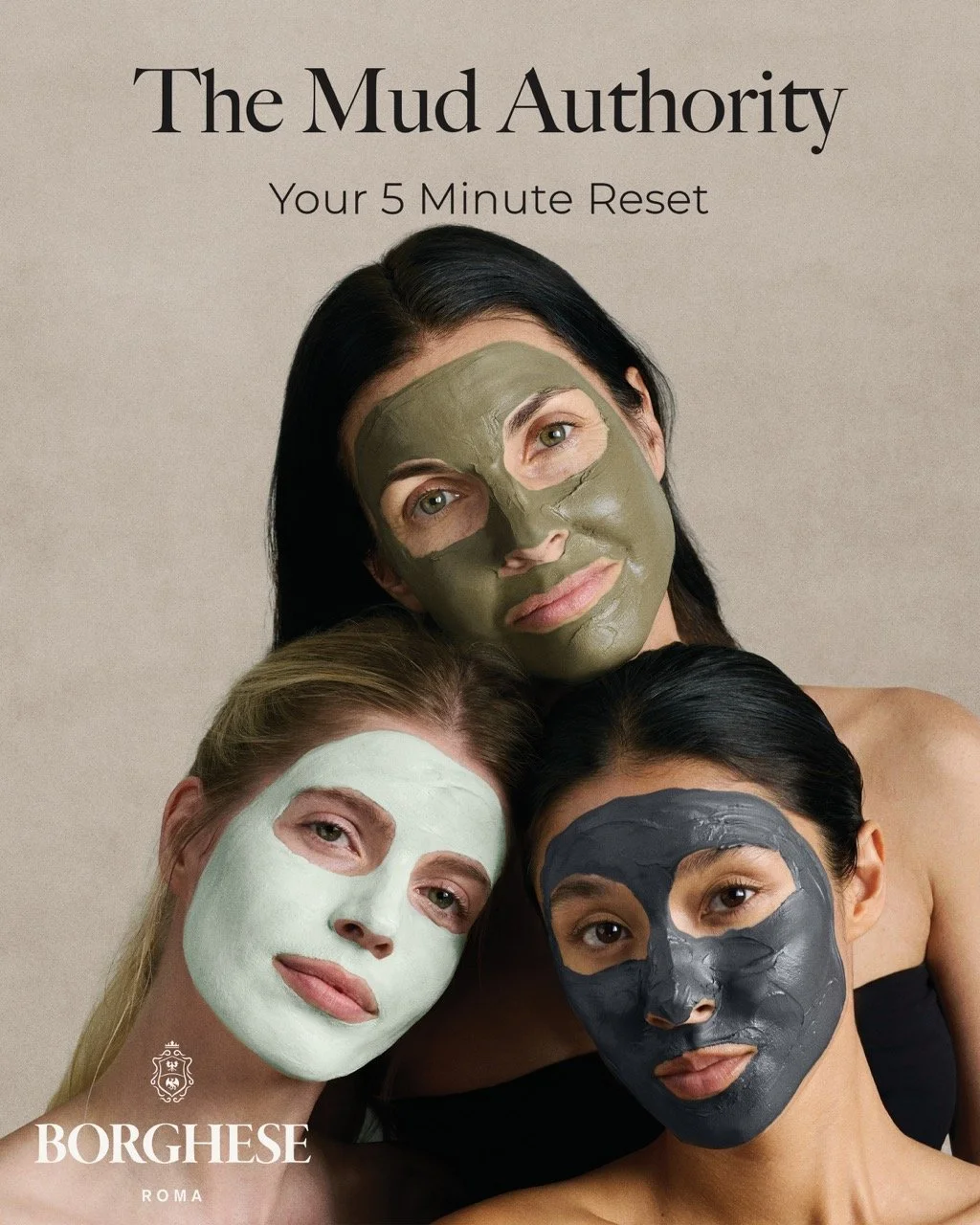 Three women with different colored facial masks, posing closely together for a beauty or skincare product promotional photo, with text promoting a five-minute reset facial treatment.