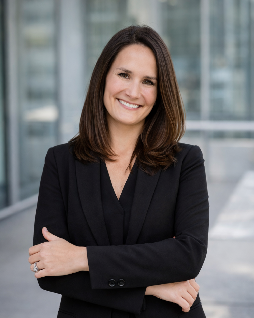 A smiling therapist in a black blazer standing outdoors with arms crossed, in front of a modern glass building - serving families, couples, and individuals in California and MN.