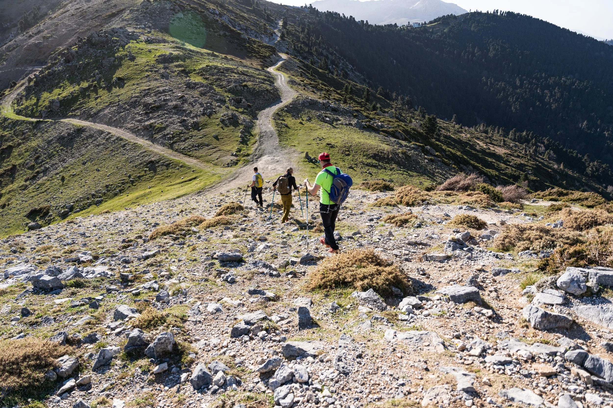 Three hikers walking on a rocky mountain trail with green grassy slopes and forested mountains in the background.