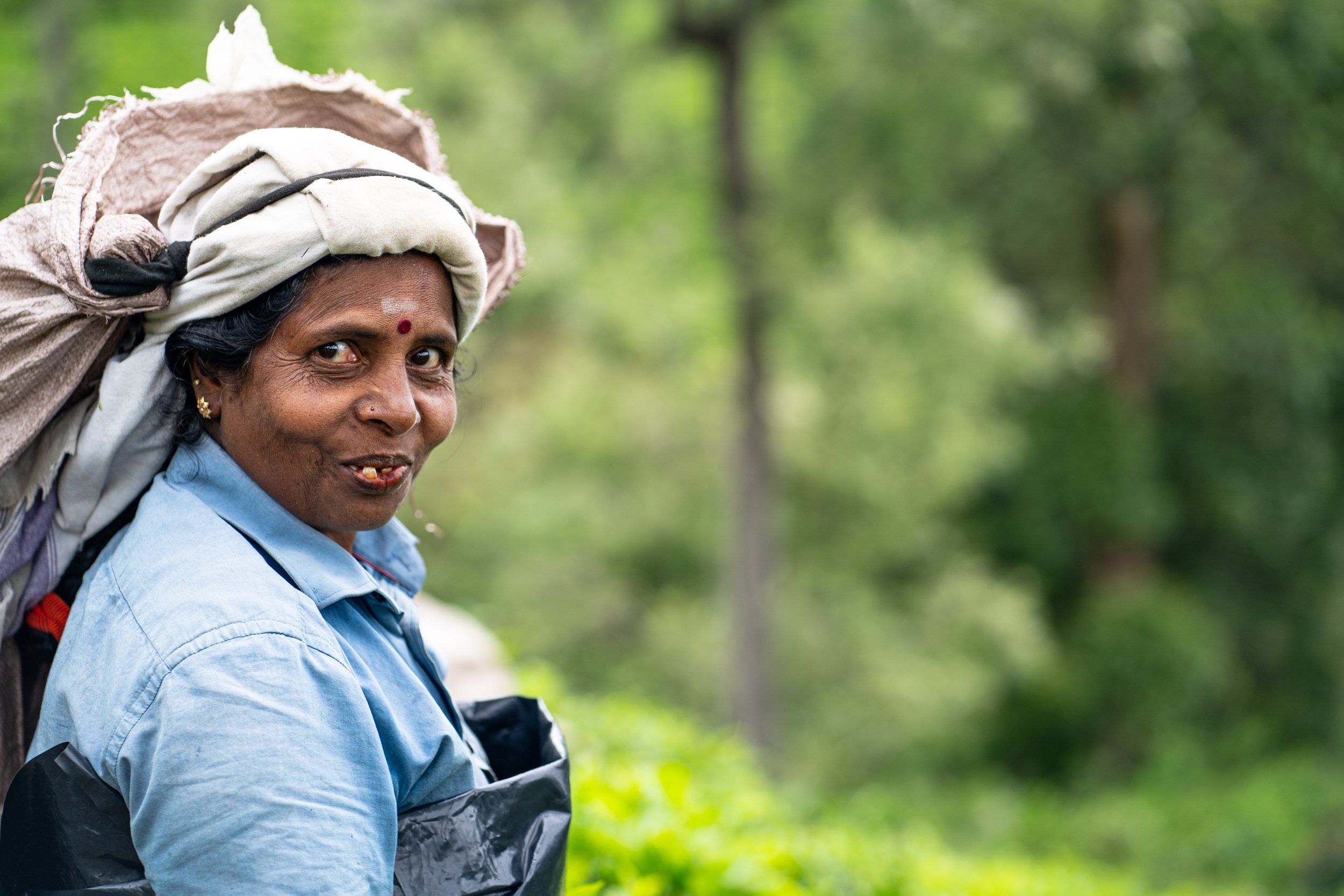 A woman with dark skin, wearing a light blue shirt, a white head covering, and earrings, is outdoors in a green, forested area, carrying a large load on her back.
