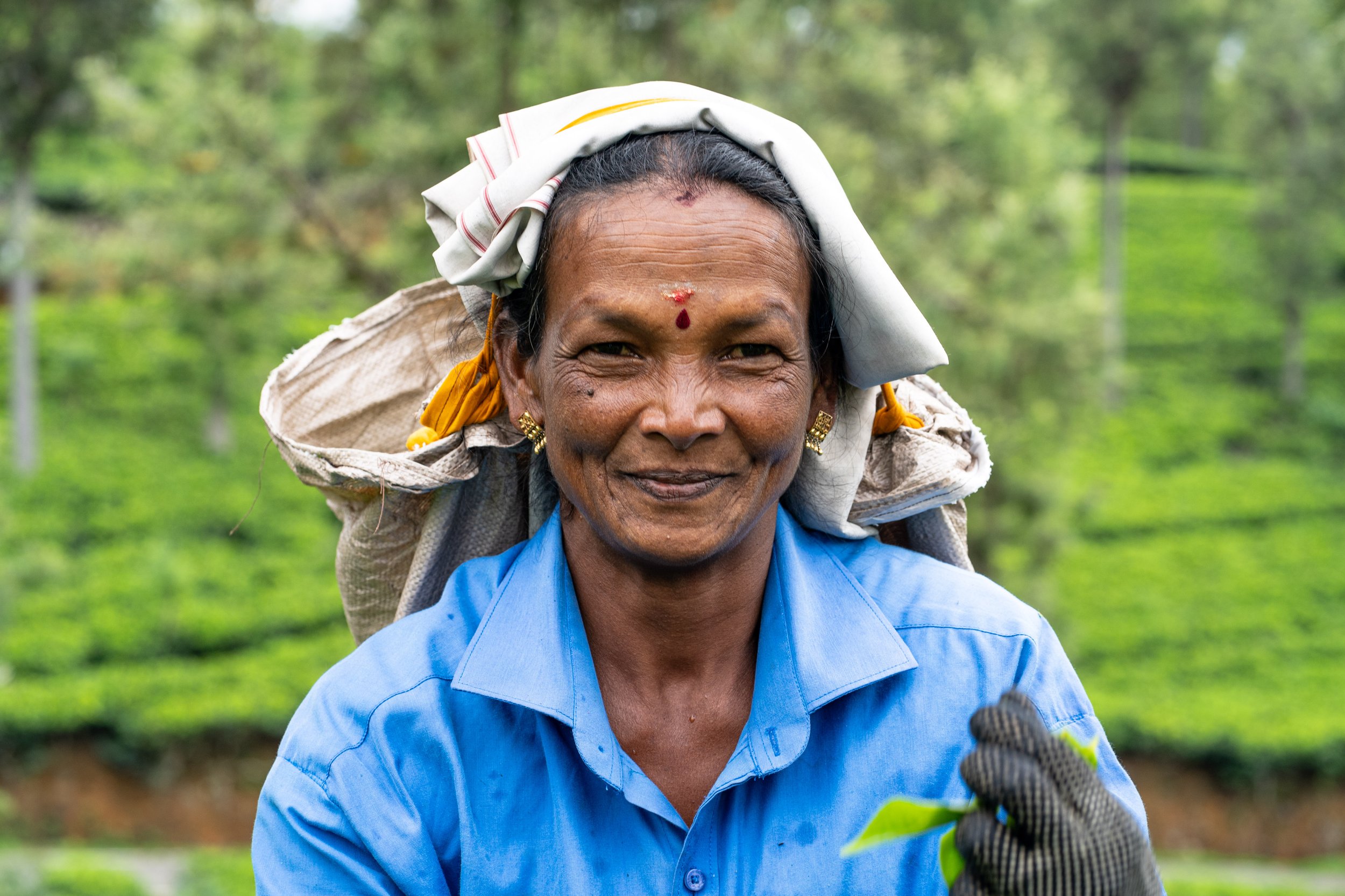 Smiling woman in a blue shirt, with a headscarf, earrings, and a red bindi, holding a green leaf, standing outdoors with trees and greenery in the background.