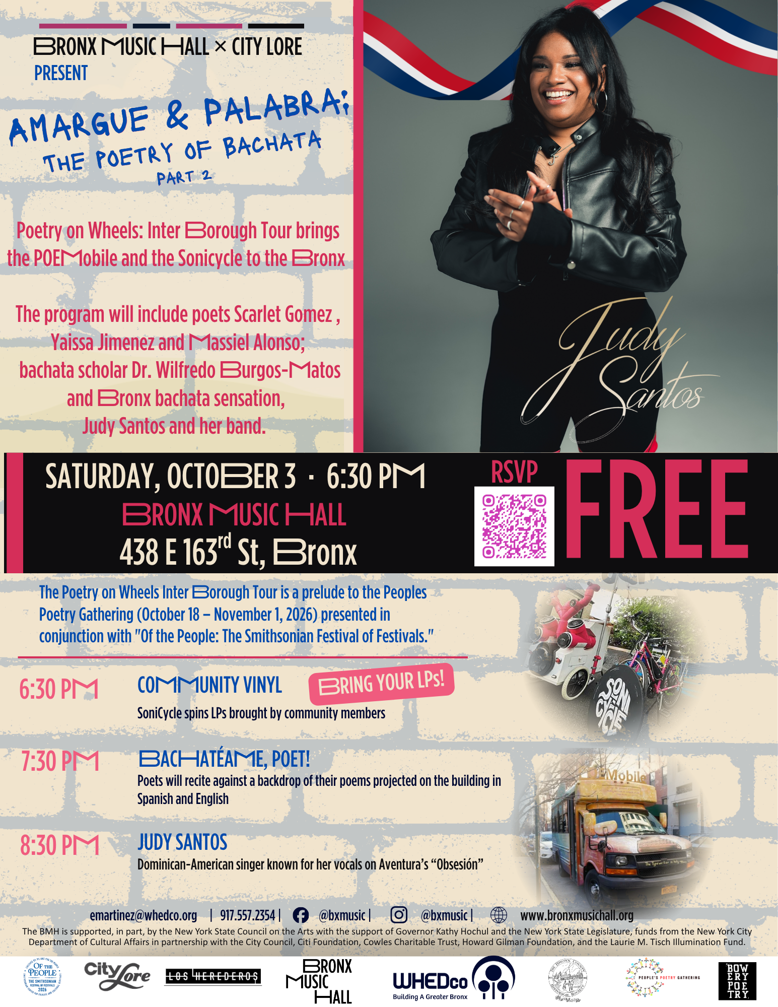 flyer for Amargue & Palabra: The Poetry of Bachata, Part 2 showing judy santos