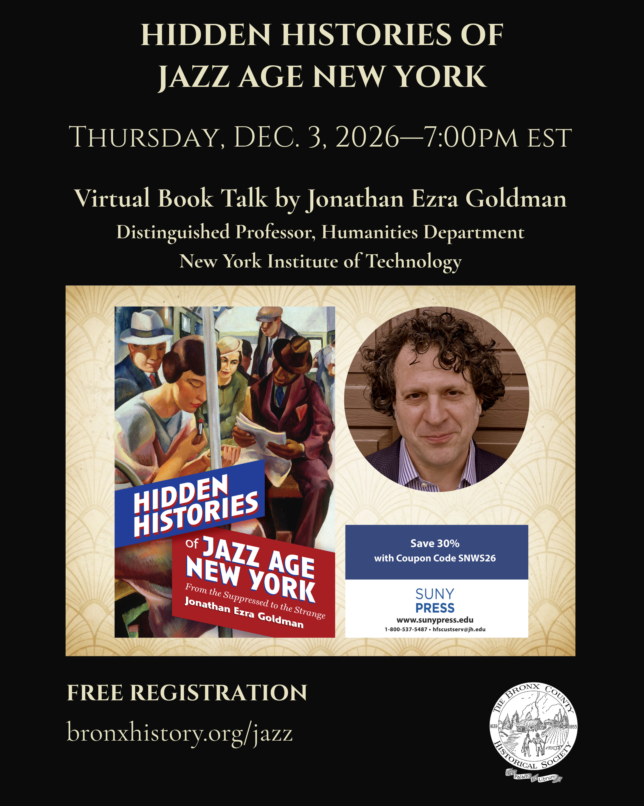 flyer for hidden histories of jazz age new york book talk on dec. 3 at 7:00pm Eastern on Zoom