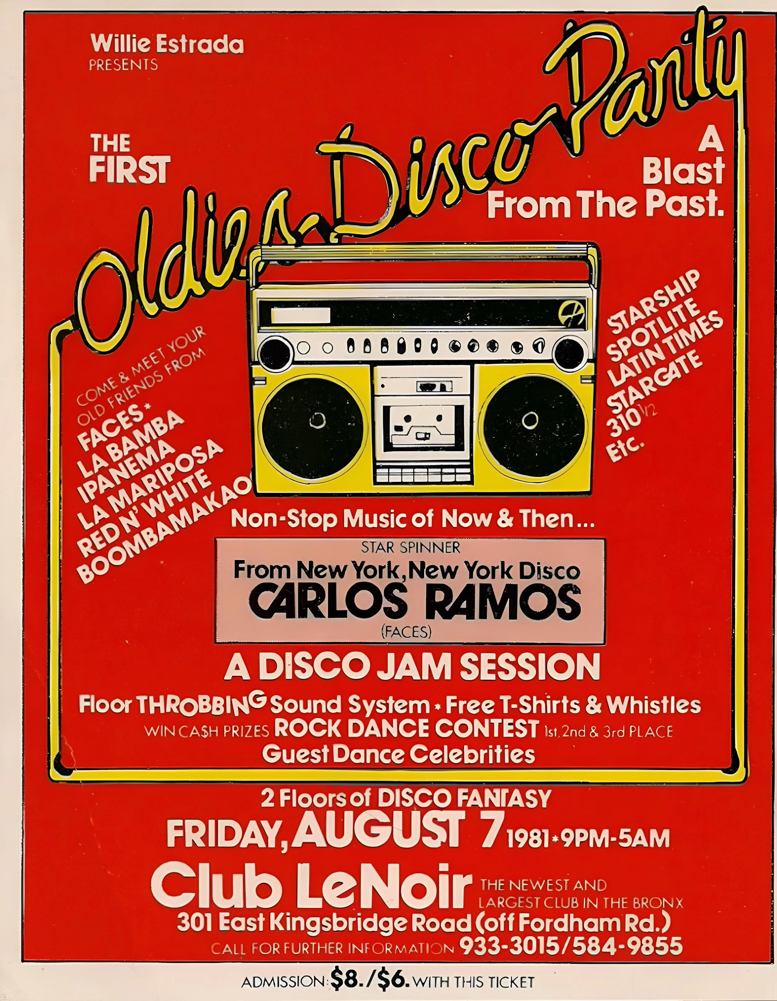Flyer for Oldies–Disco Party at Club LeNoir in The Bronx, featuring a Rock Dance Contest, 1981. Courtesy of Willie Estrada.