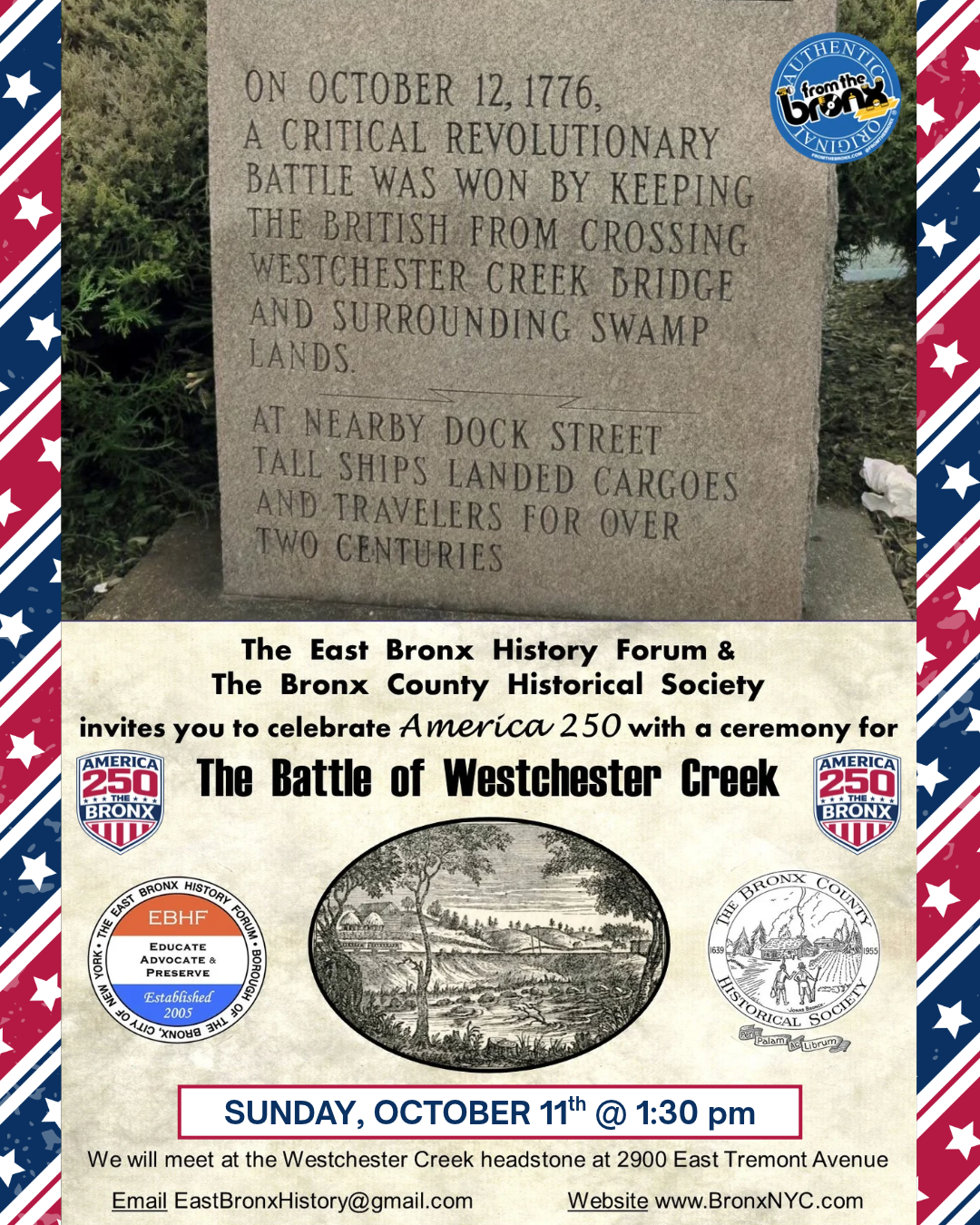 westchester creek battle headstone flyer for commemoration on sunday october 11 at 1:30pm