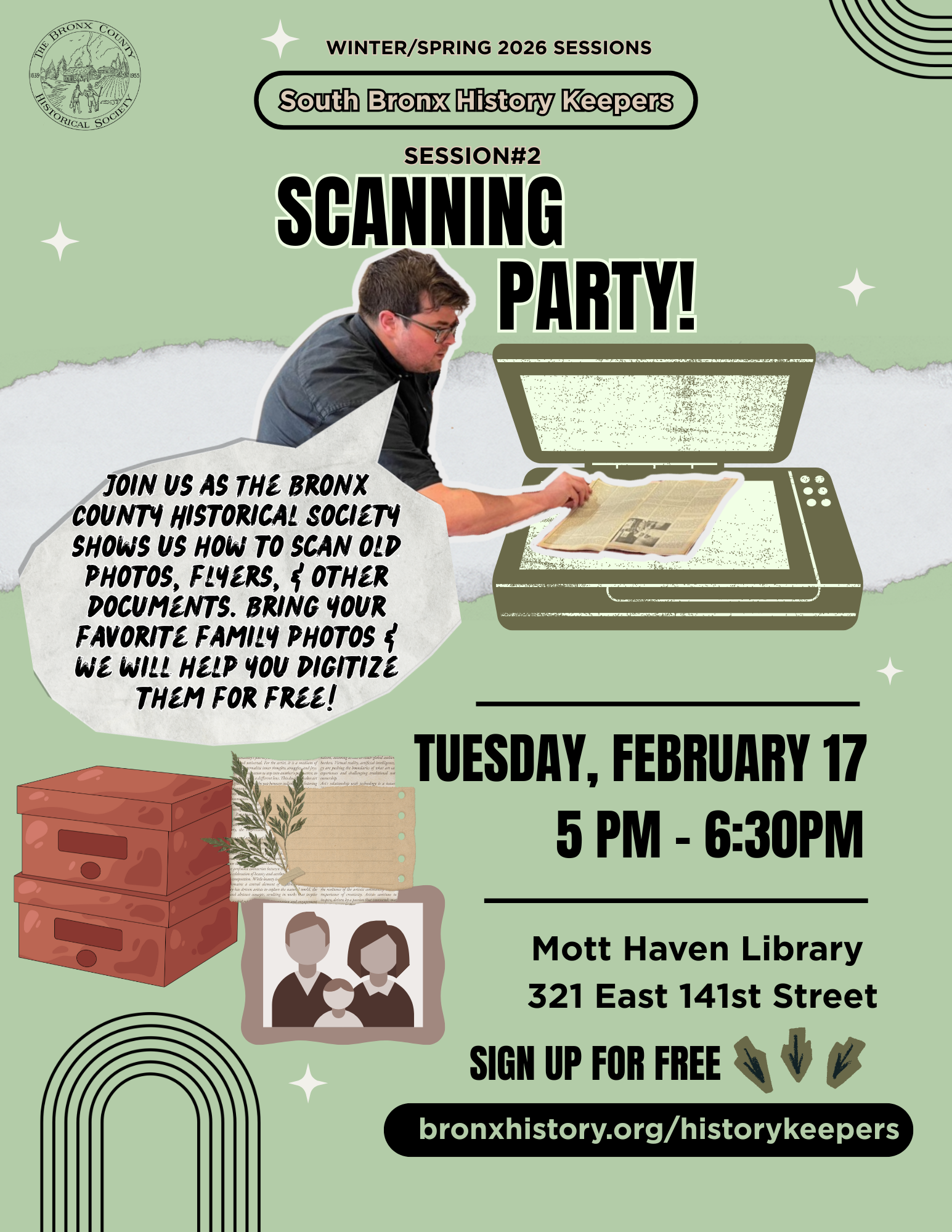 Scanning party flyer for south bronx hsitory keepers