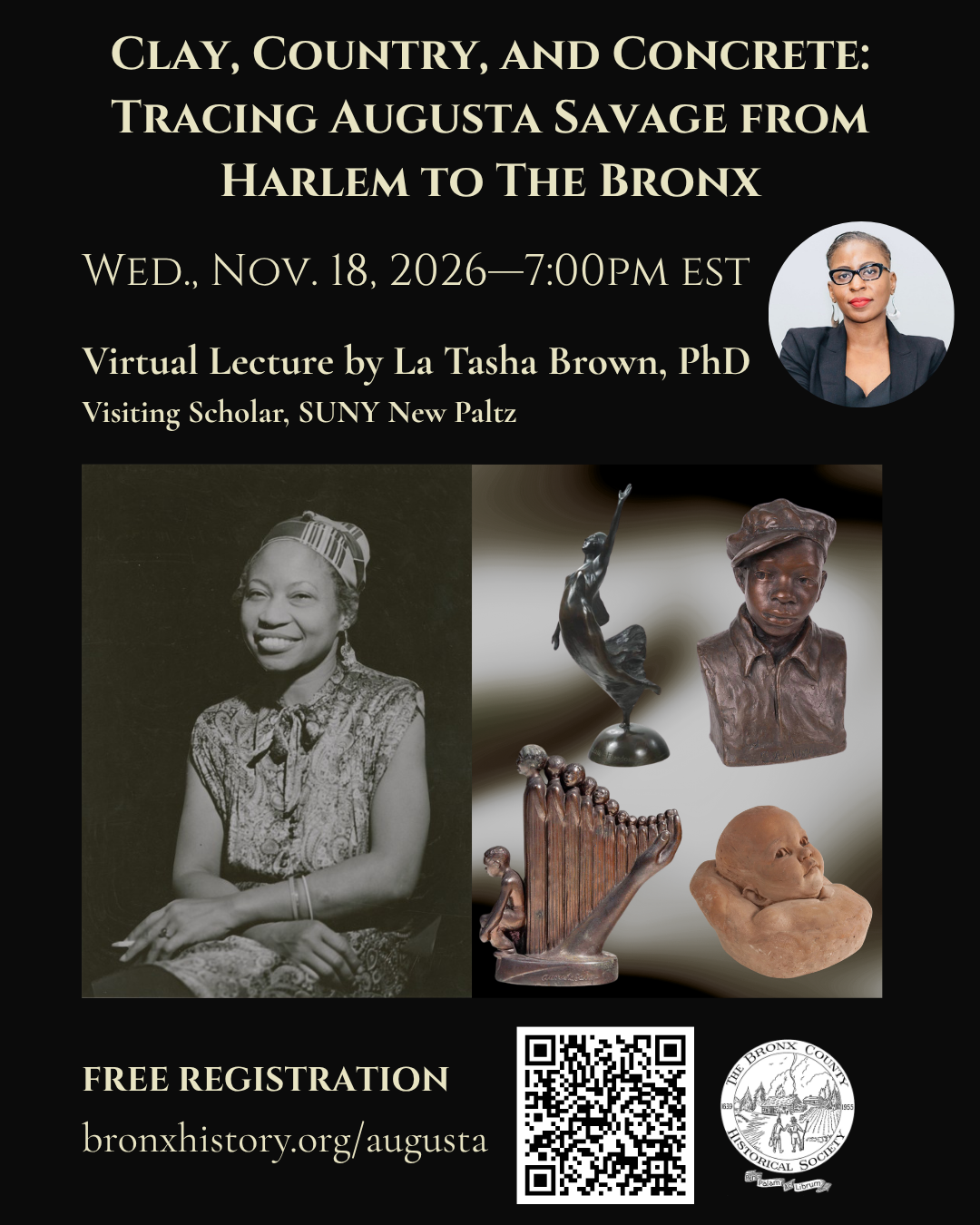flyer for austa savage lecture on november 18, 2026 on zoom at 7pm Eastern