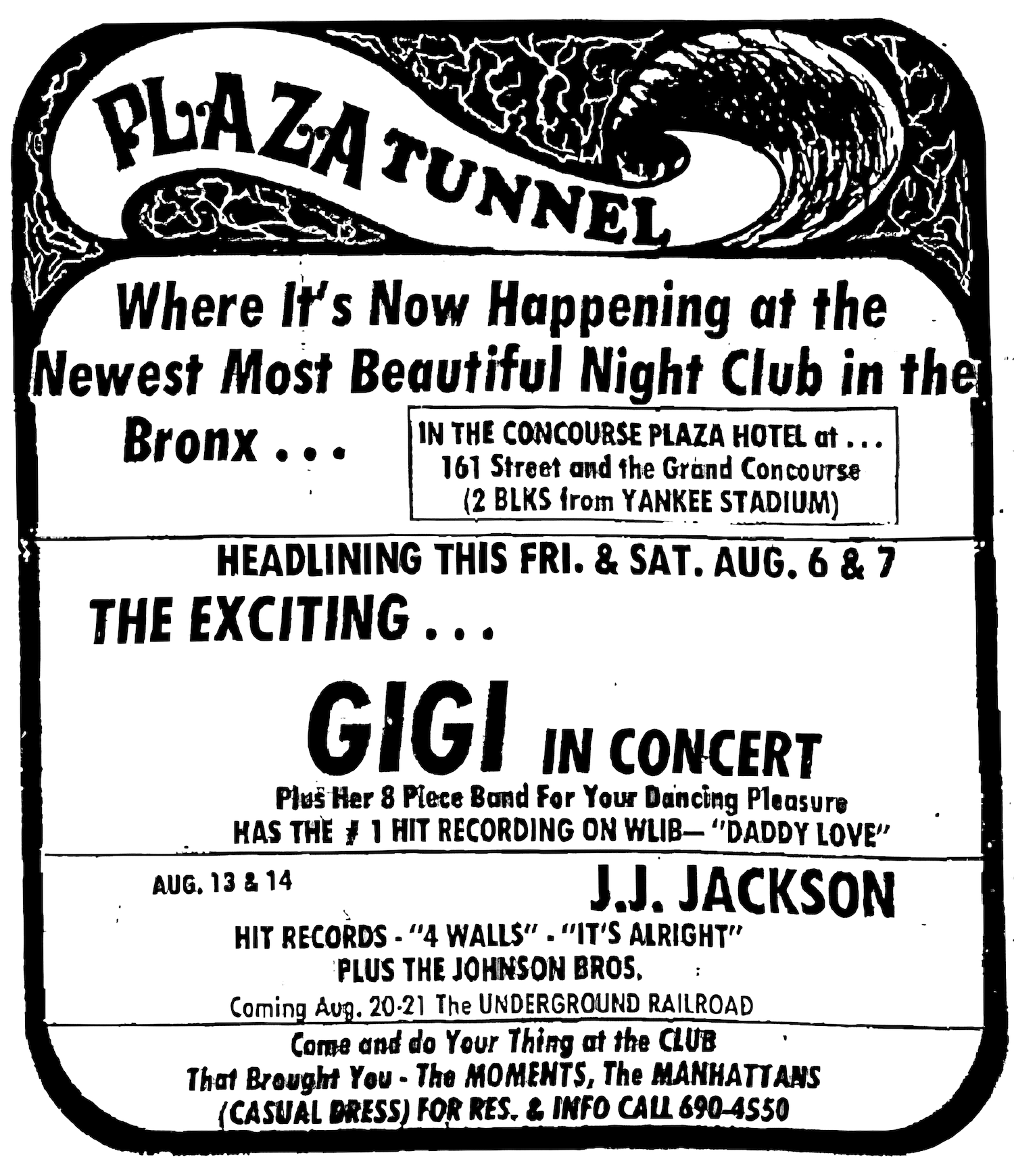 Advertisement for The Plaza Tunnel, one of the early sites of Burning in The Bronx, 1971. The Bronx County Historical Society Collections.